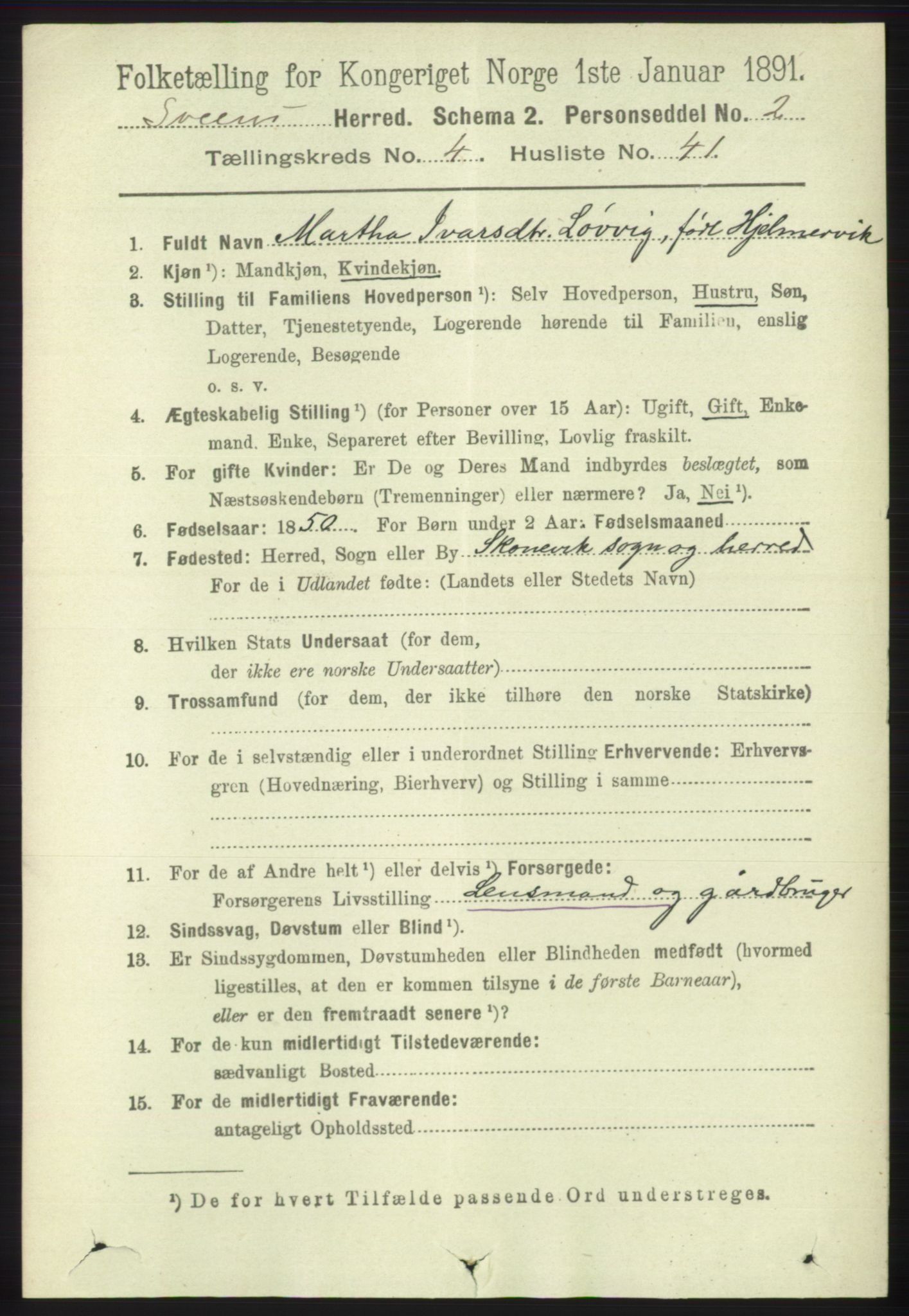 RA, 1891 census for 1216 Sveio, 1891, p. 1407