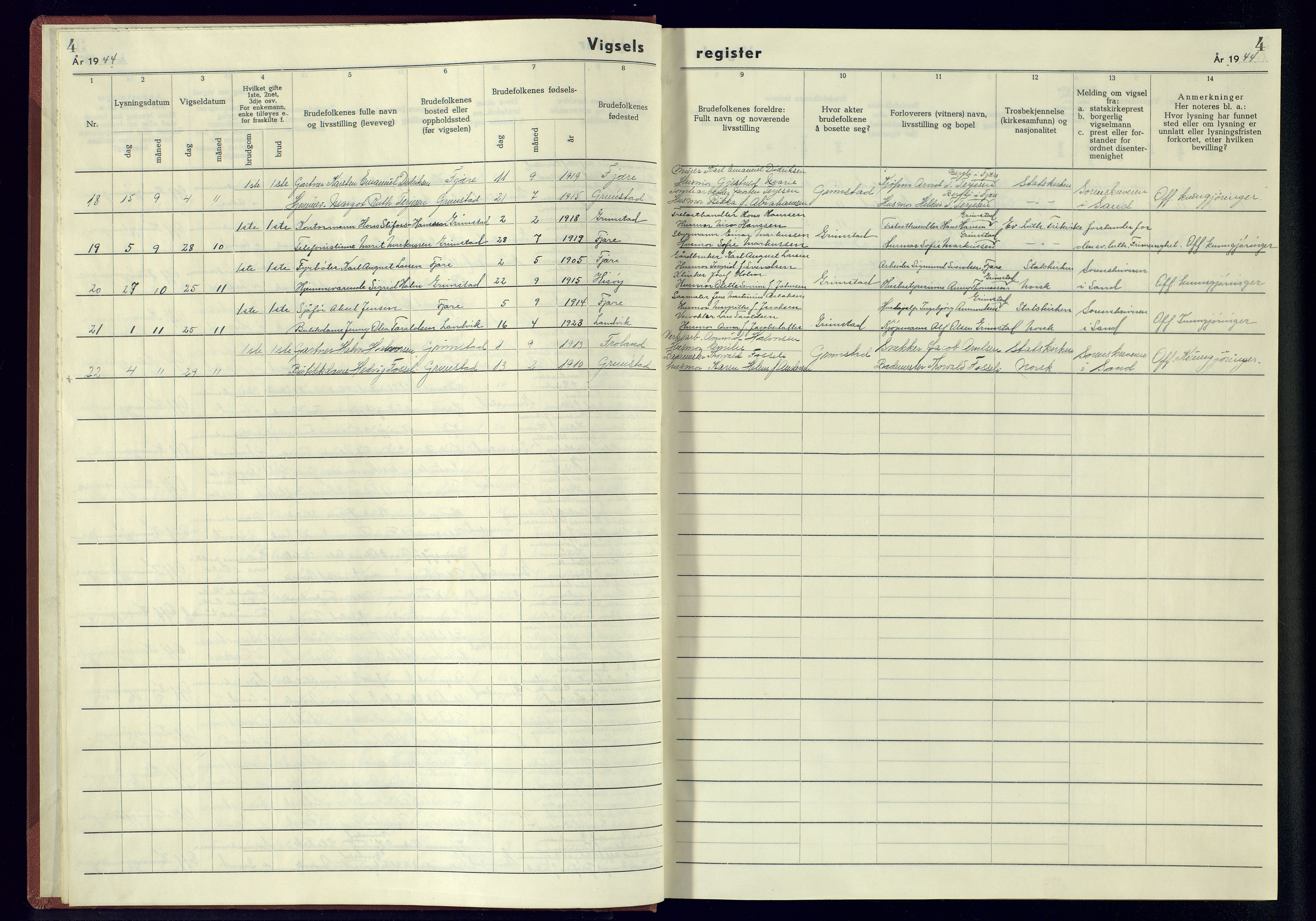 Grimstad sokneprestkontor, AV/SAK-1111-0017/J/Jb/L0002: Marriage register no. II.6.2, 1942-1945, p. 4