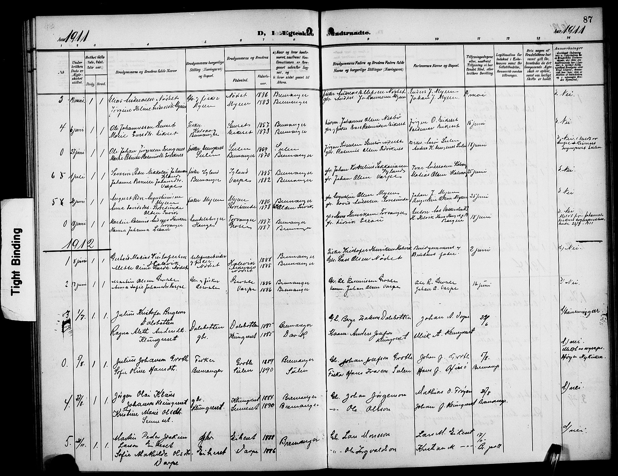 Bremanger sokneprestembete, SAB/A-82201/H/Hab/Habc/L0001: Parish register (copy) no. C 1, 1908-1919, p. 87