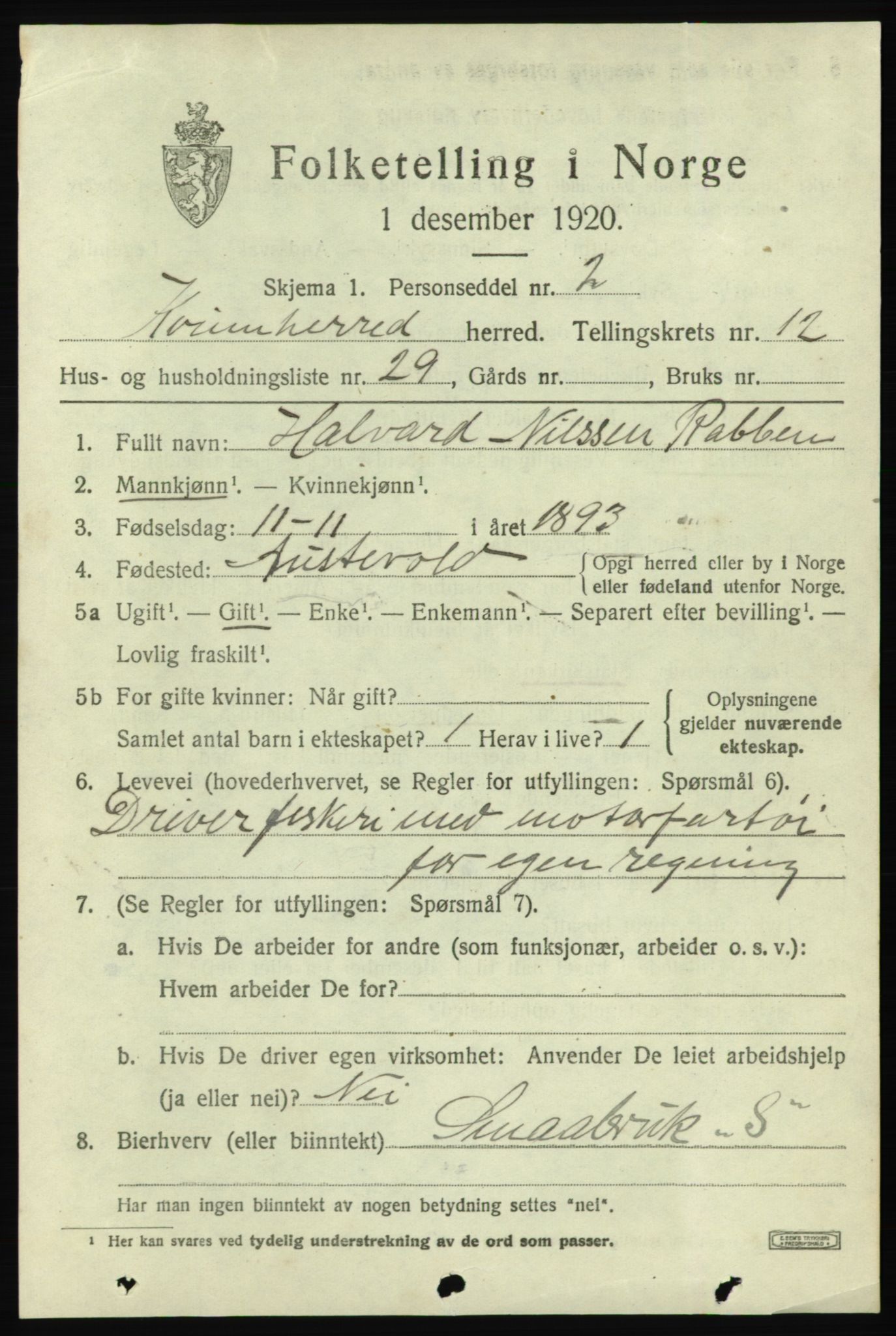 SAB, 1920 census for Kvinnherad, 1920, p. 7622