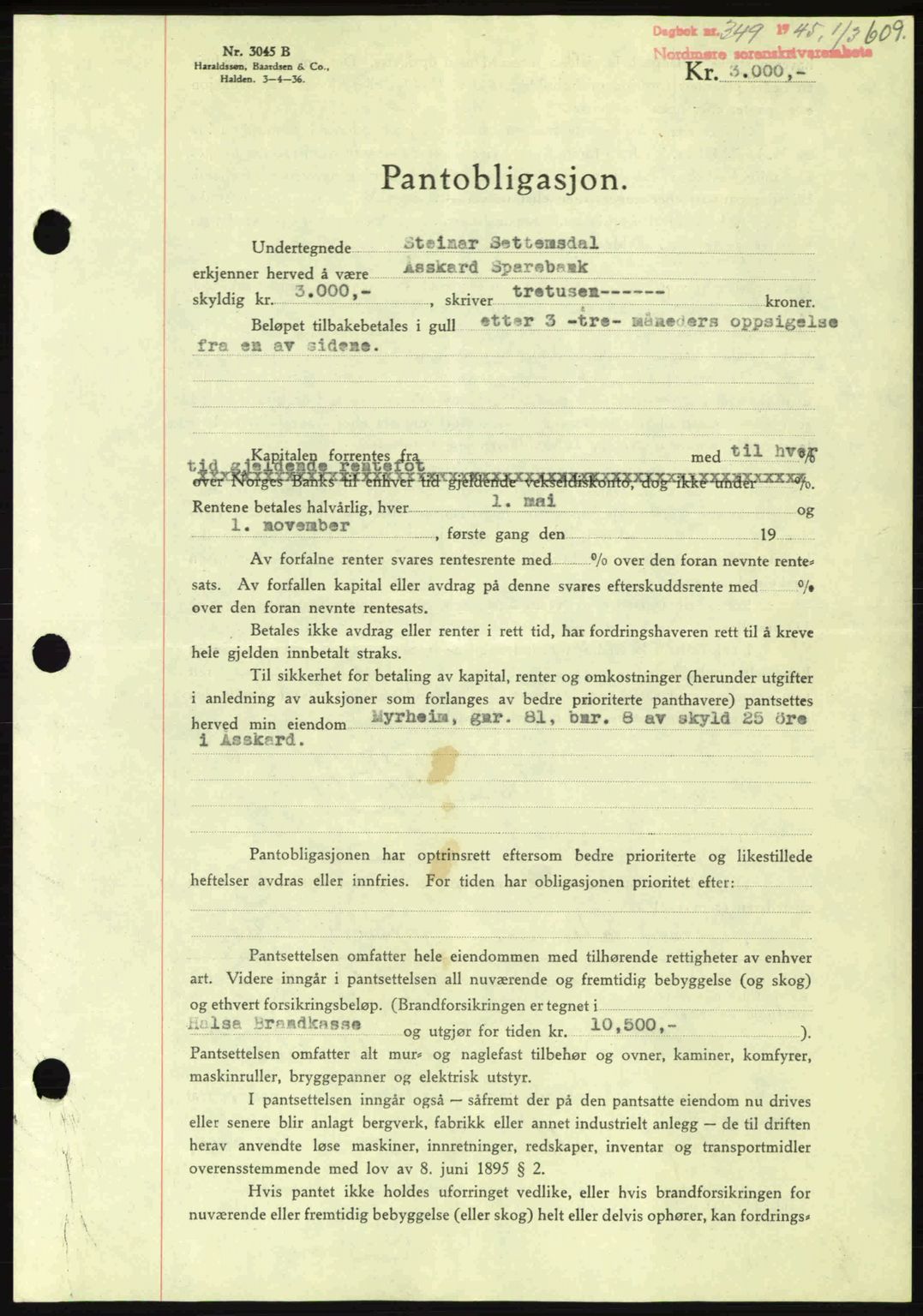 Nordmøre sorenskriveri, AV/SAT-A-4132/1/2/2Ca: Mortgage book no. B92, 1944-1945, Diary no: : 349/1945