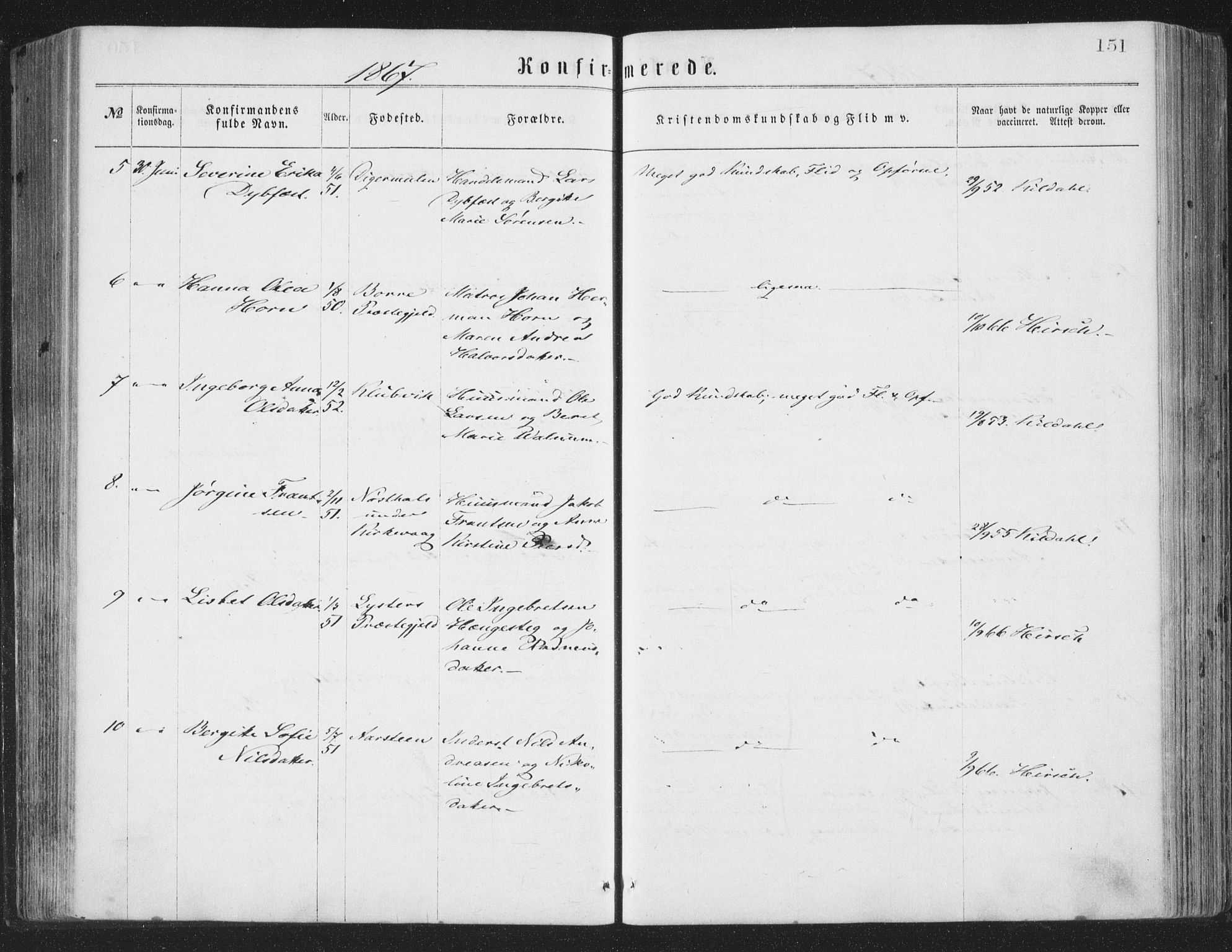 Ministerialprotokoller, klokkerbøker og fødselsregistre - Nordland, AV/SAT-A-1459/874/L1057: Parish register (official) no. 874A01, 1866-1877, p. 151