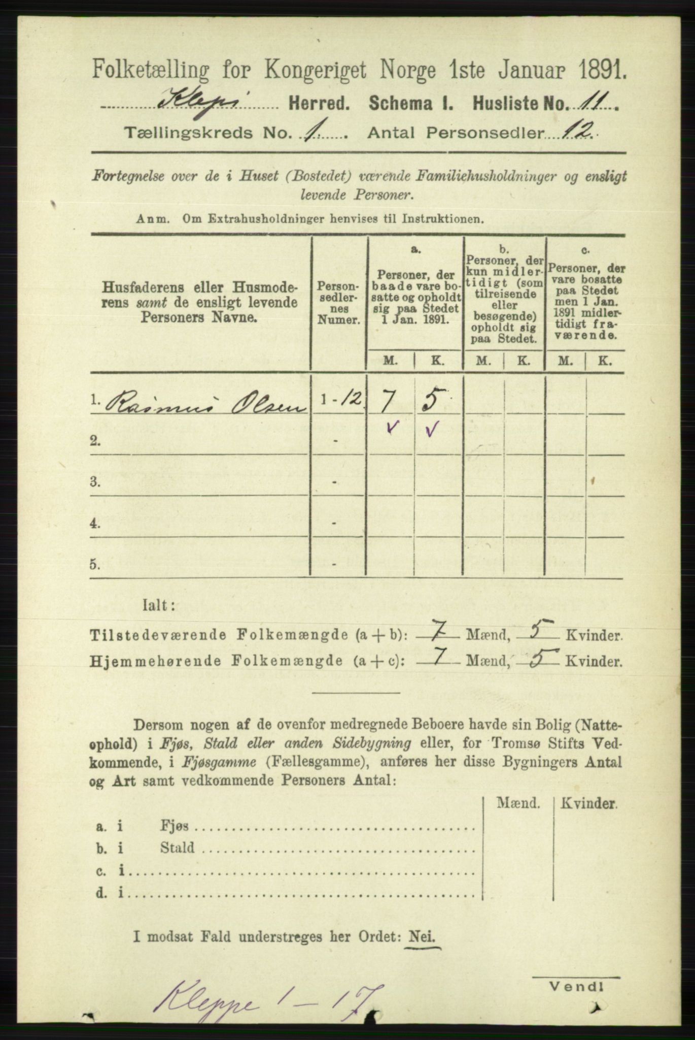 RA, 1891 census for 1120 Klepp, 1891, p. 38