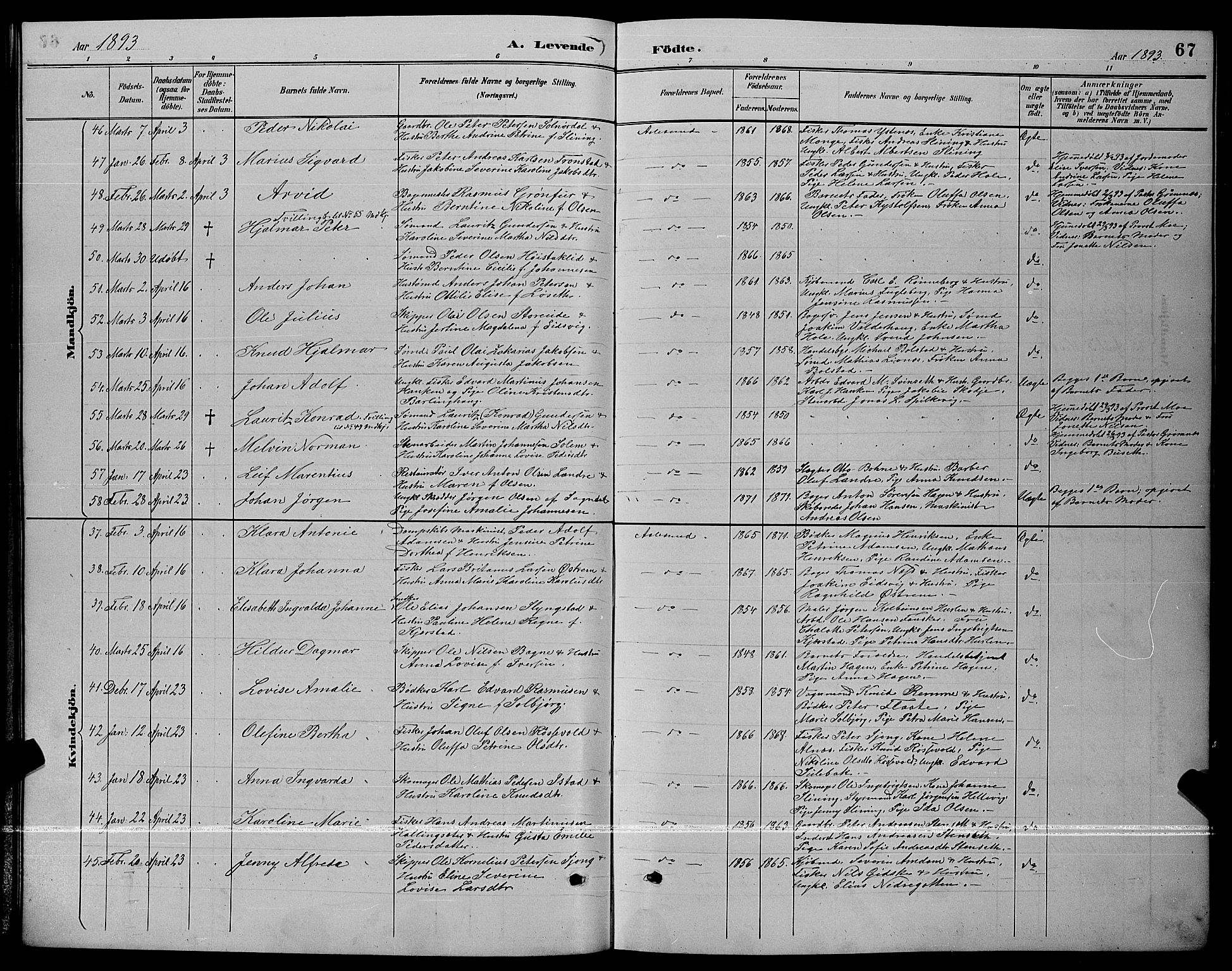 Ministerialprotokoller, klokkerbøker og fødselsregistre - Møre og Romsdal, AV/SAT-A-1454/529/L0467: Parish register (copy) no. 529C04, 1889-1897, p. 67