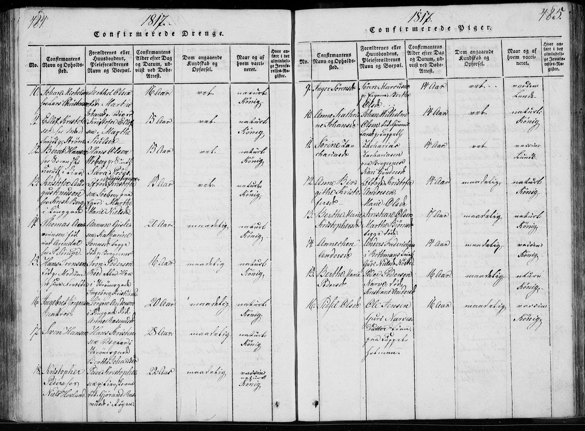 Bragernes kirkebøker, AV/SAKO-A-6/F/Fa/L0007: Parish register (official) no. I 7, 1815-1829, p. 484-485