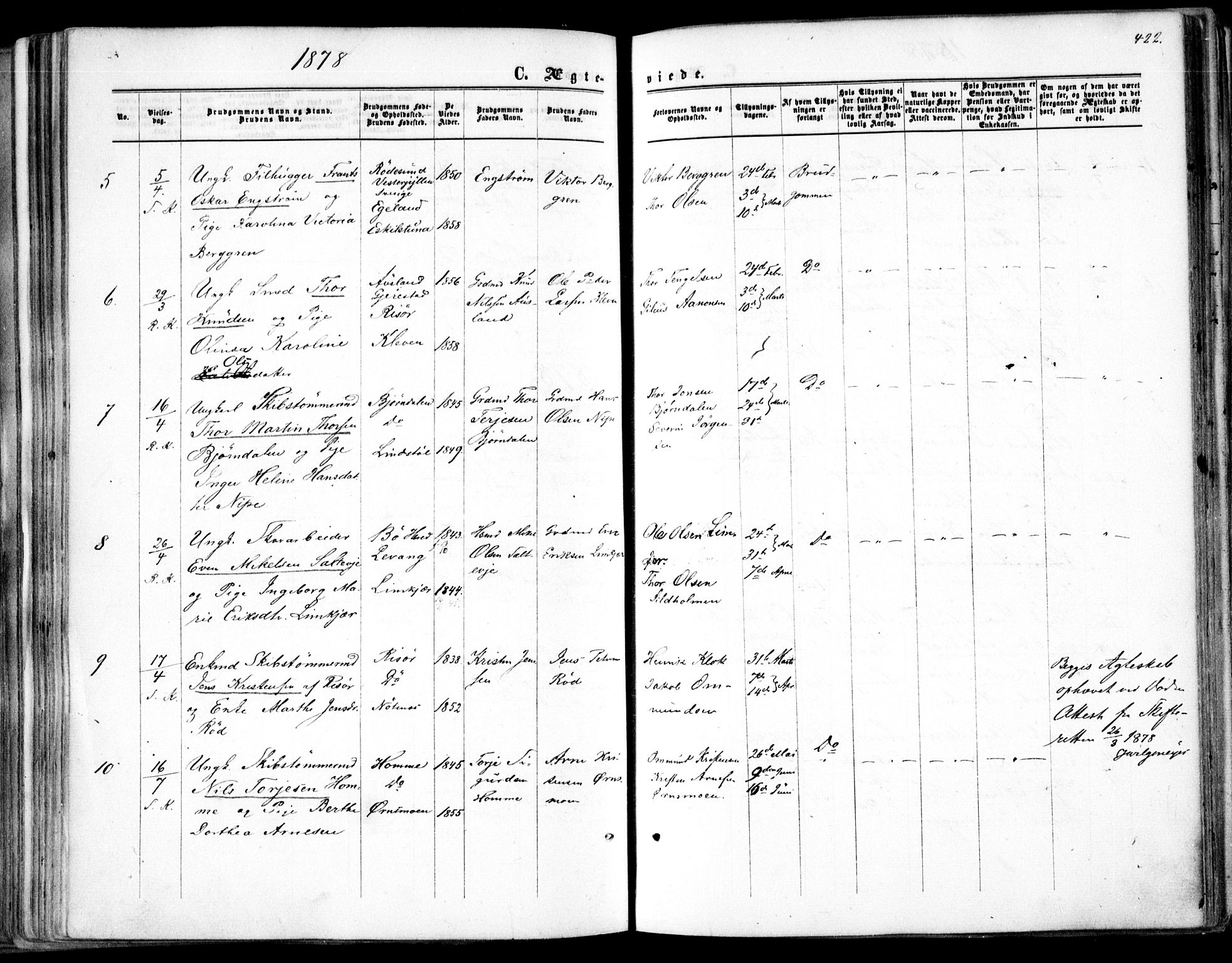 Søndeled sokneprestkontor, AV/SAK-1111-0038/F/Fa/L0003: Parish register (official) no. A 3, 1861-1879, p. 422