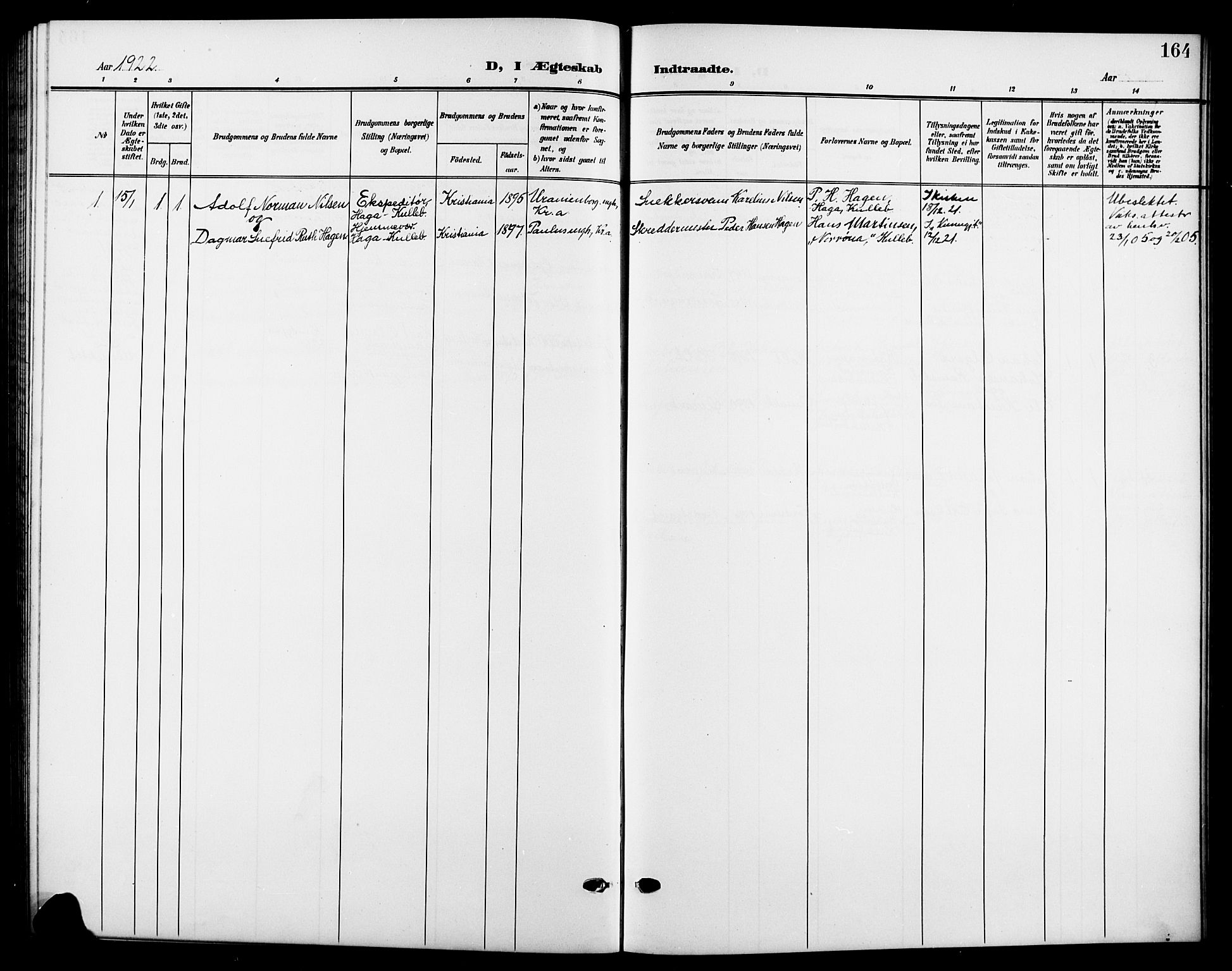 Nesodden prestekontor Kirkebøker, AV/SAO-A-10013/G/Gb/L0001: Parish register (copy) no. II 1, 1905-1924, p. 164