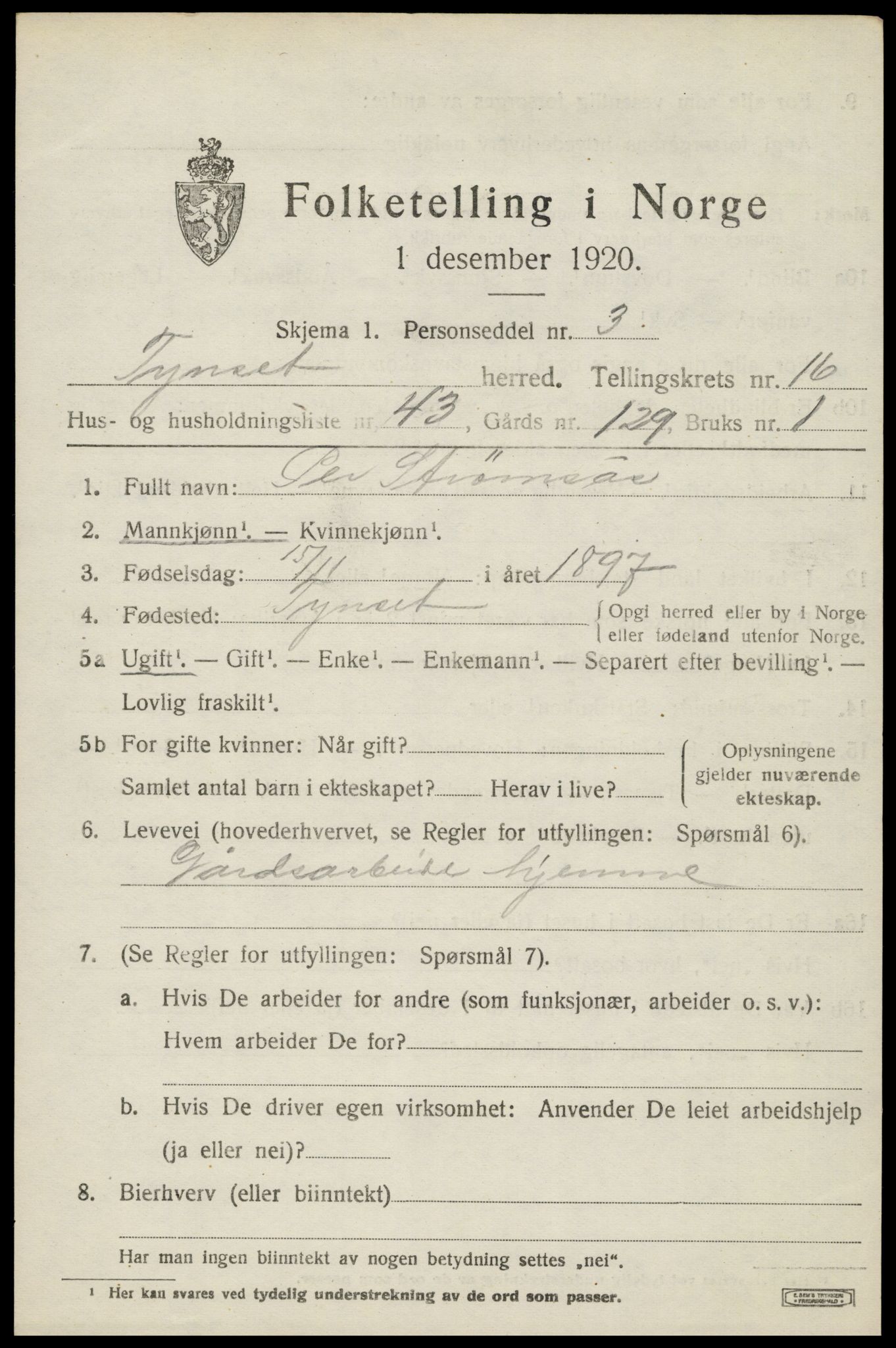 SAH, 1920 census for Tynset, 1920, p. 10156