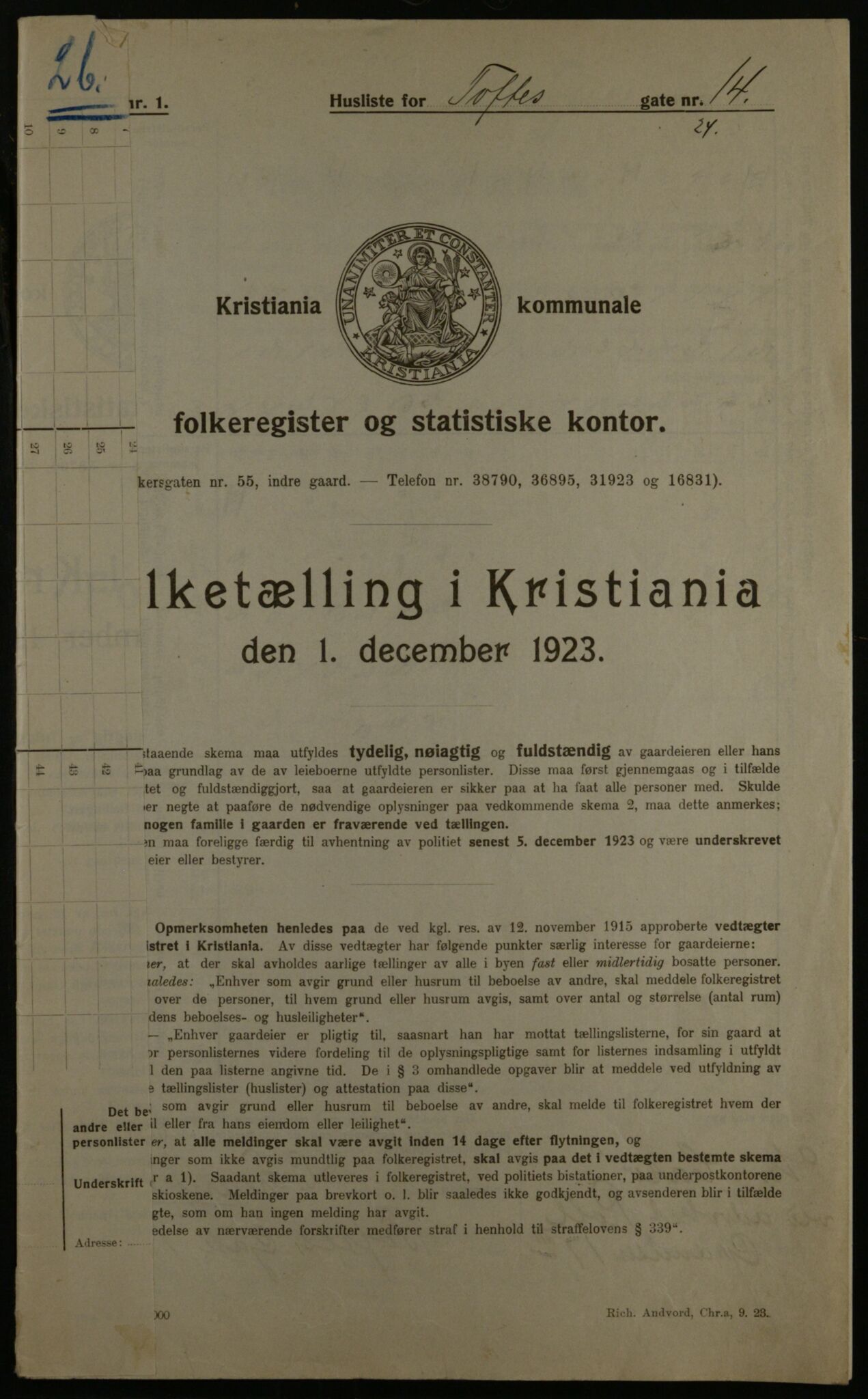 OBA, Municipal Census 1923 for Kristiania, 1923, p. 123383