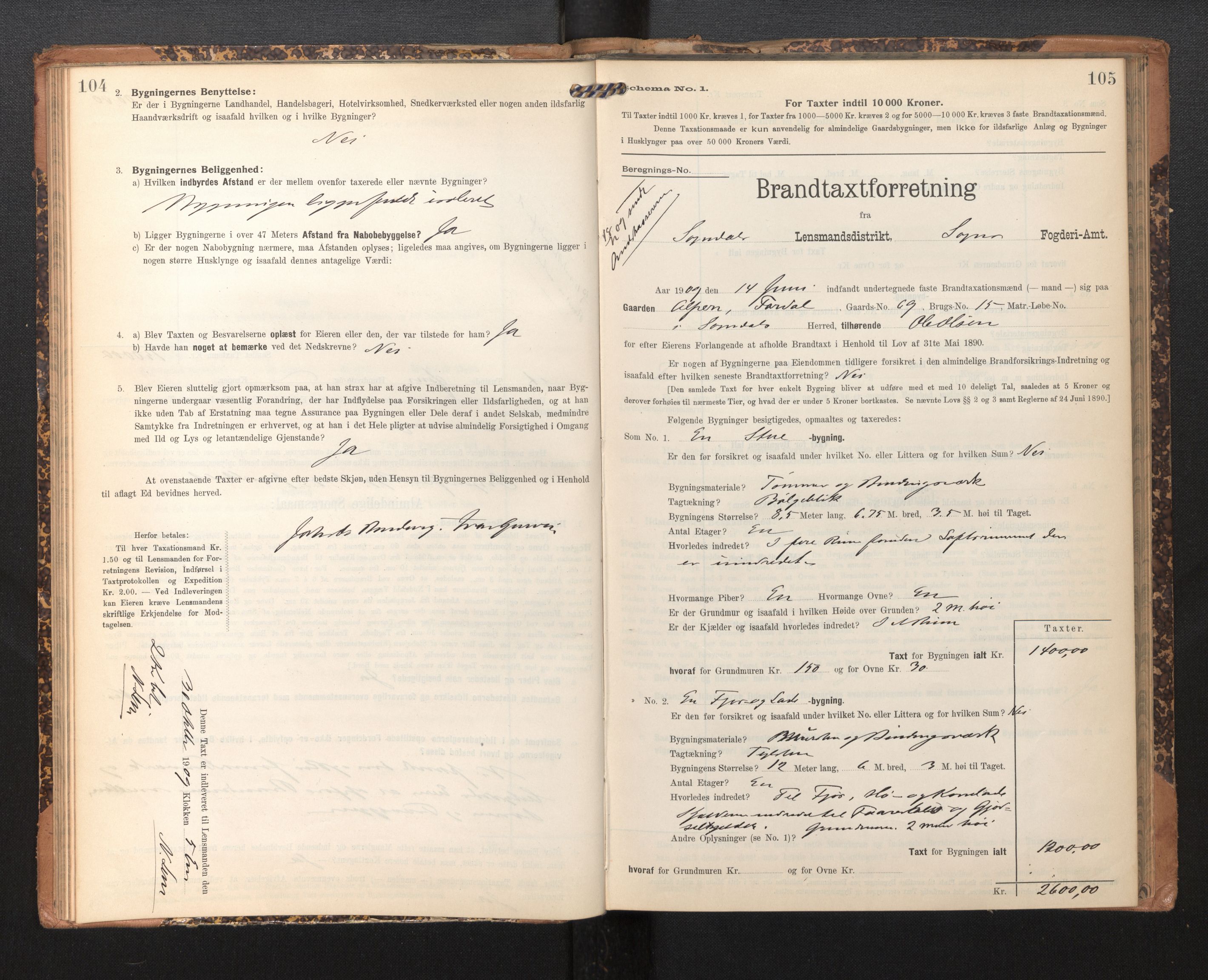 Lensmannen i Sogndal, AV/SAB-A-29901/0012/L0010: Branntakstprotokoll, skjematakst, 1907-1914, p. 104-105