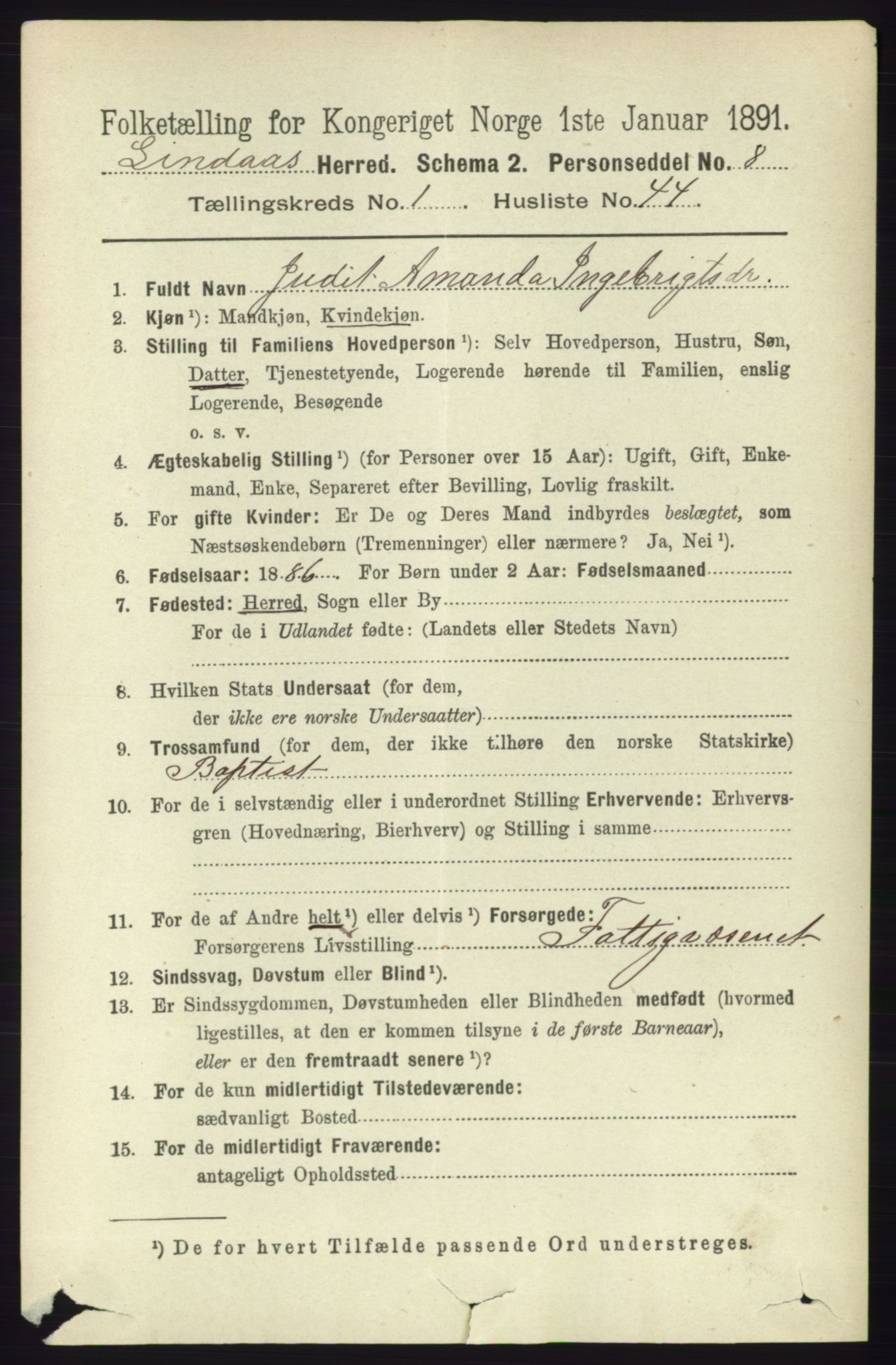 RA, 1891 census for 1263 Lindås, 1891, p. 372