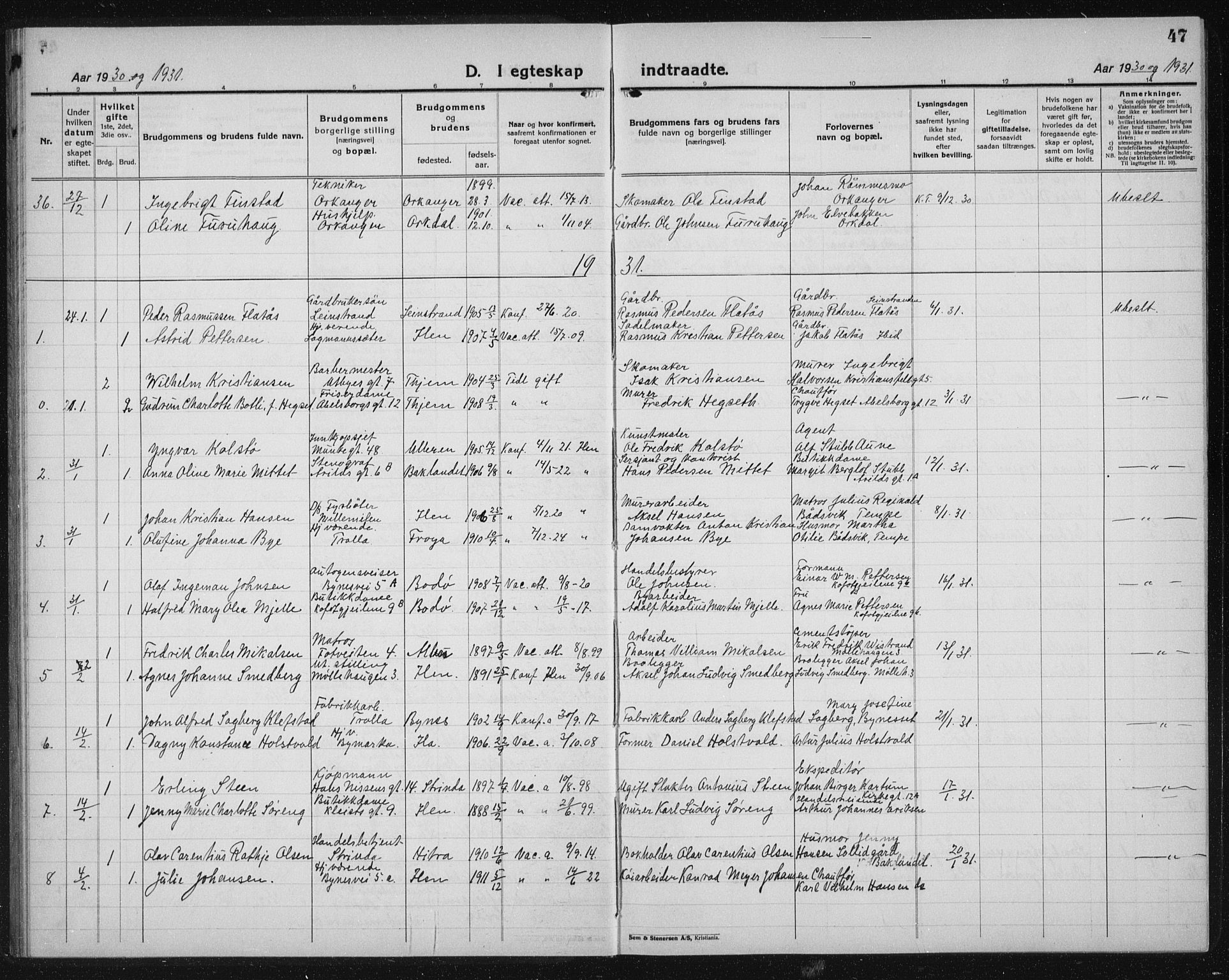 Ministerialprotokoller, klokkerbøker og fødselsregistre - Sør-Trøndelag, SAT/A-1456/603/L0176: Parish register (copy) no. 603C04, 1923-1941, p. 47