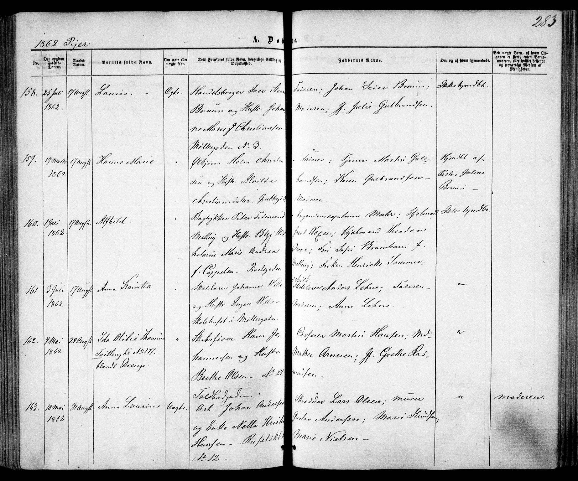 Trefoldighet prestekontor Kirkebøker, SAO/A-10882/F/Fa/L0001: Parish register (official) no. I 1, 1858-1863, p. 283