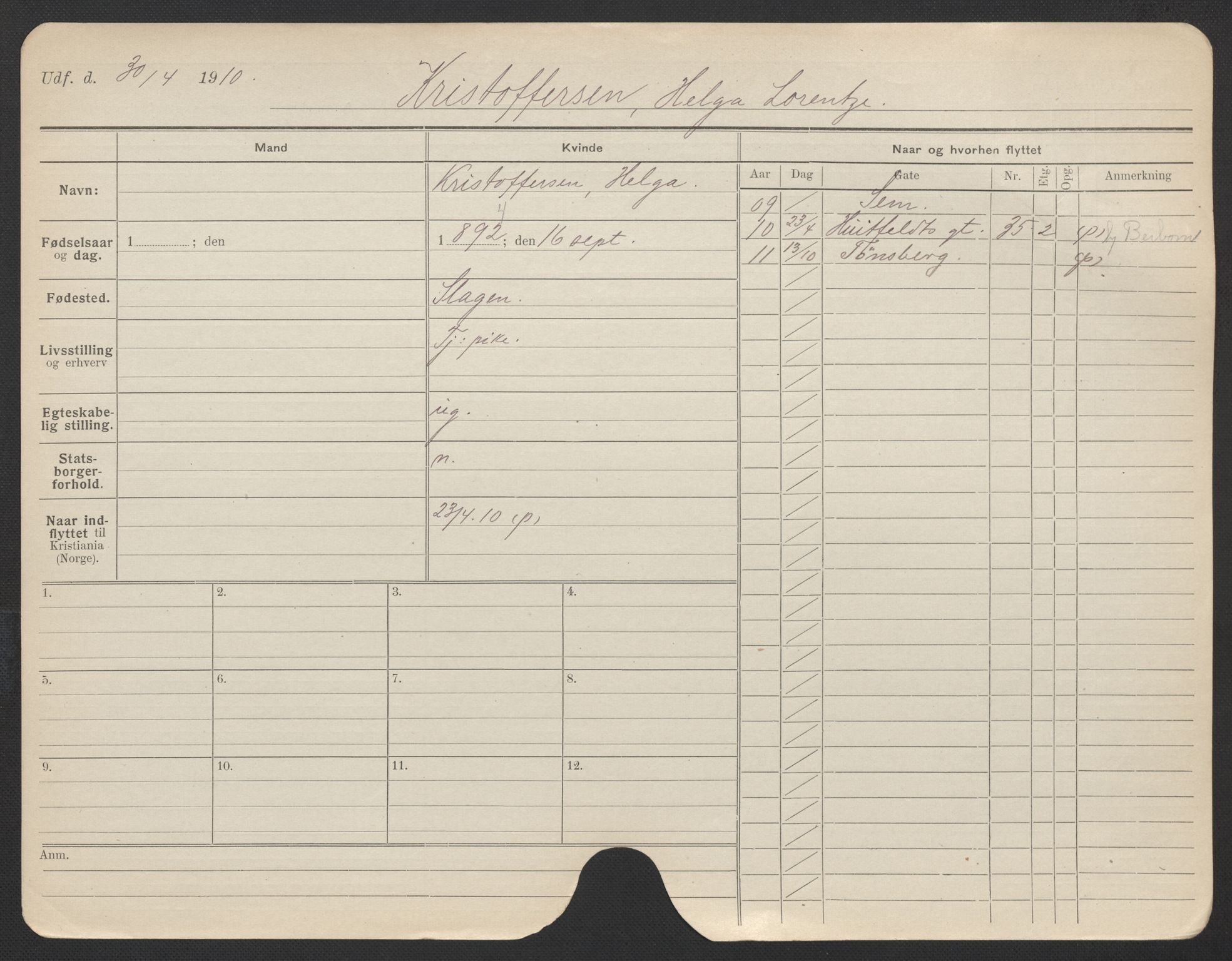 Oslo folkeregister, Registerkort, AV/SAO-A-11715/F/Fa/Fac/L0019: Kvinner, 1906-1914, p. 506a