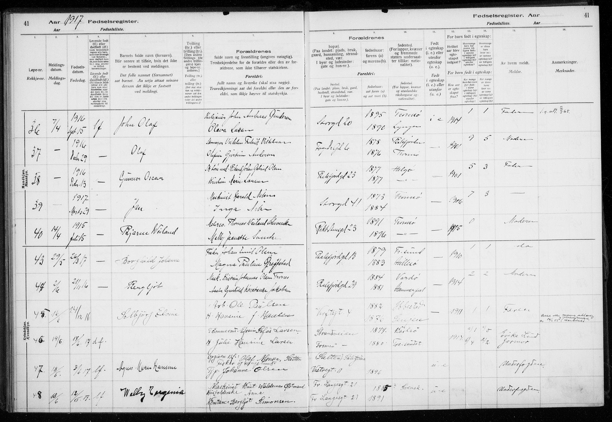 Tromsø sokneprestkontor/stiftsprosti/domprosti, AV/SATØ-S-1343/H/Ha/L0131: Birth register no. 131, 1916-1921, p. 41