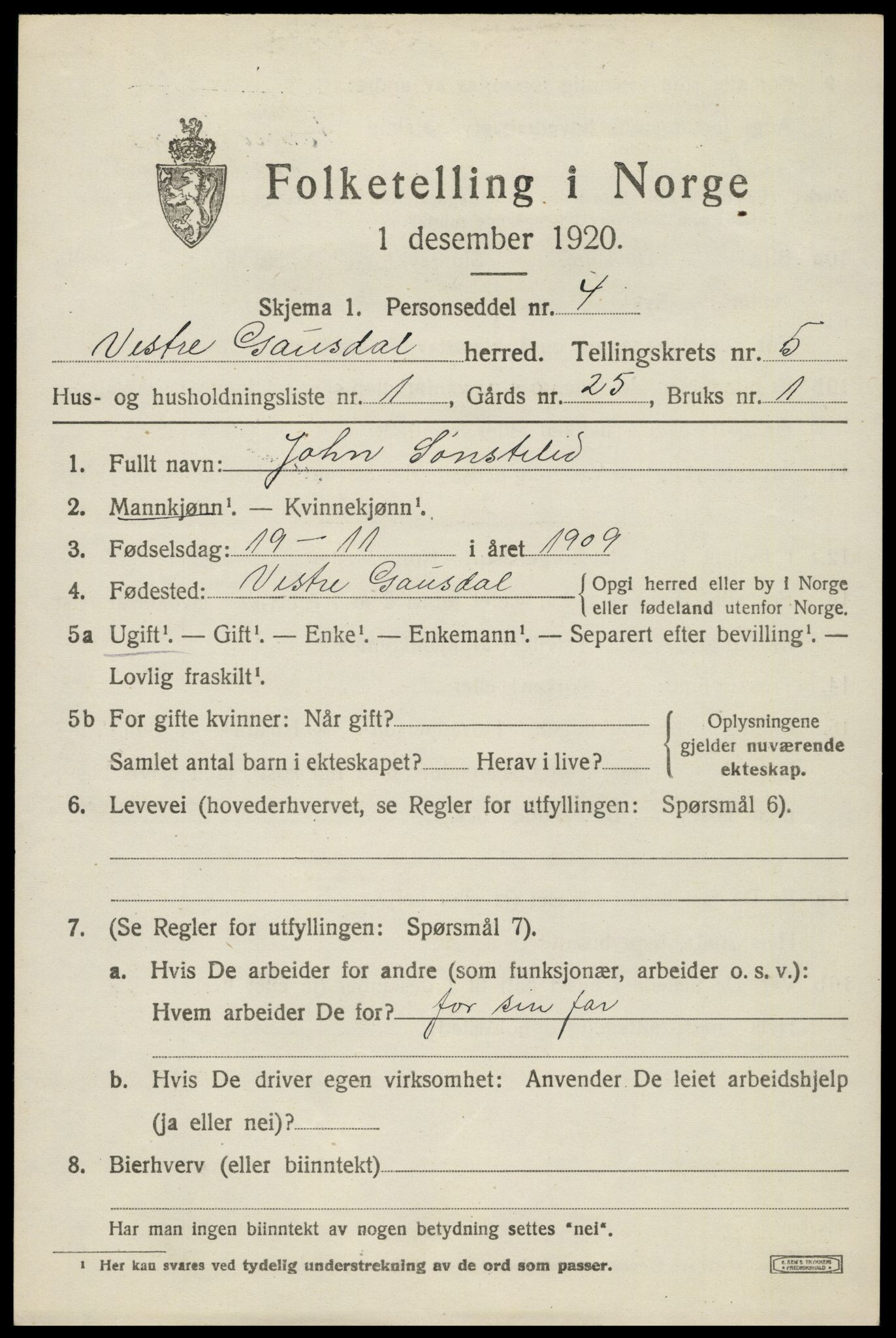 SAH, 1920 census for Vestre Gausdal, 1920, p. 3703