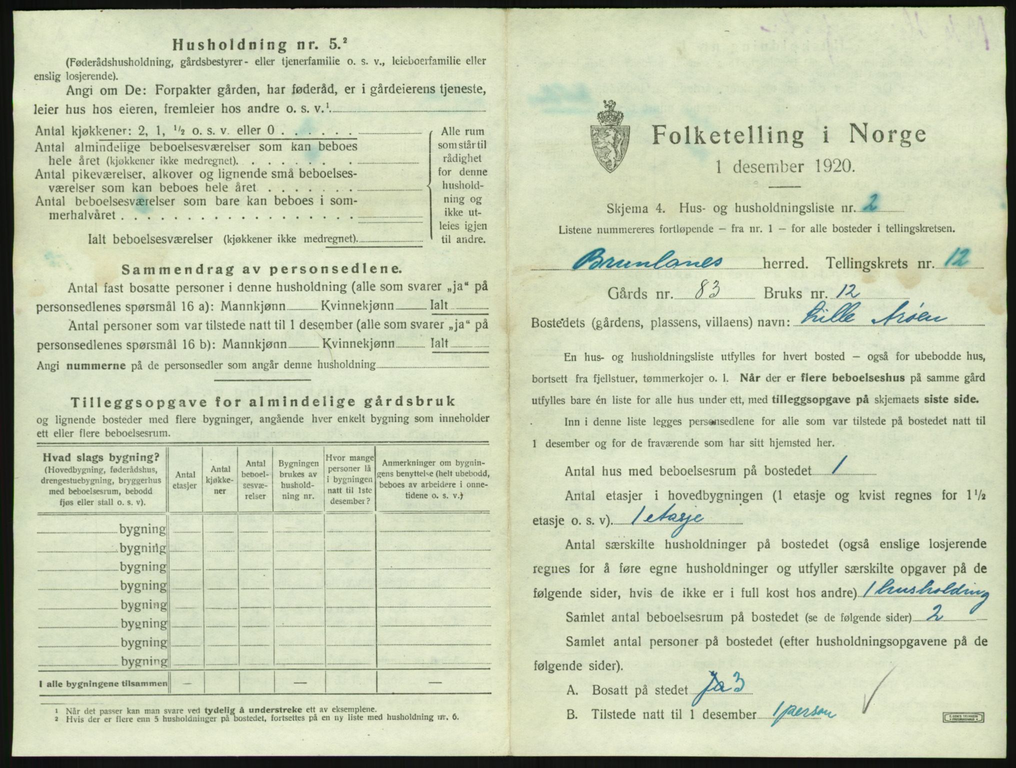 SAKO, 1920 census for Brunlanes, 1920, p. 1697