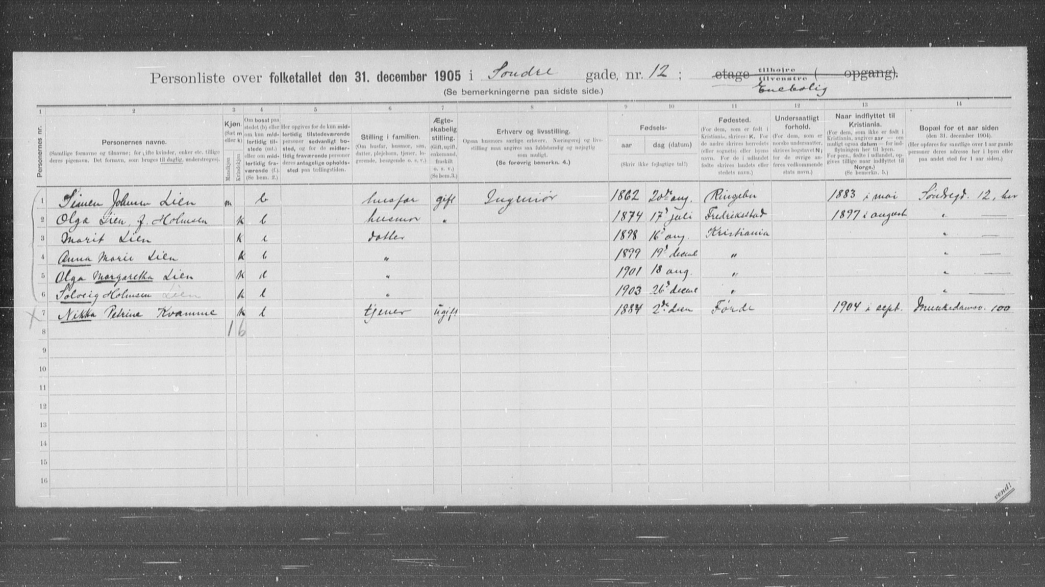 OBA, Municipal Census 1905 for Kristiania, 1905, p. 55712