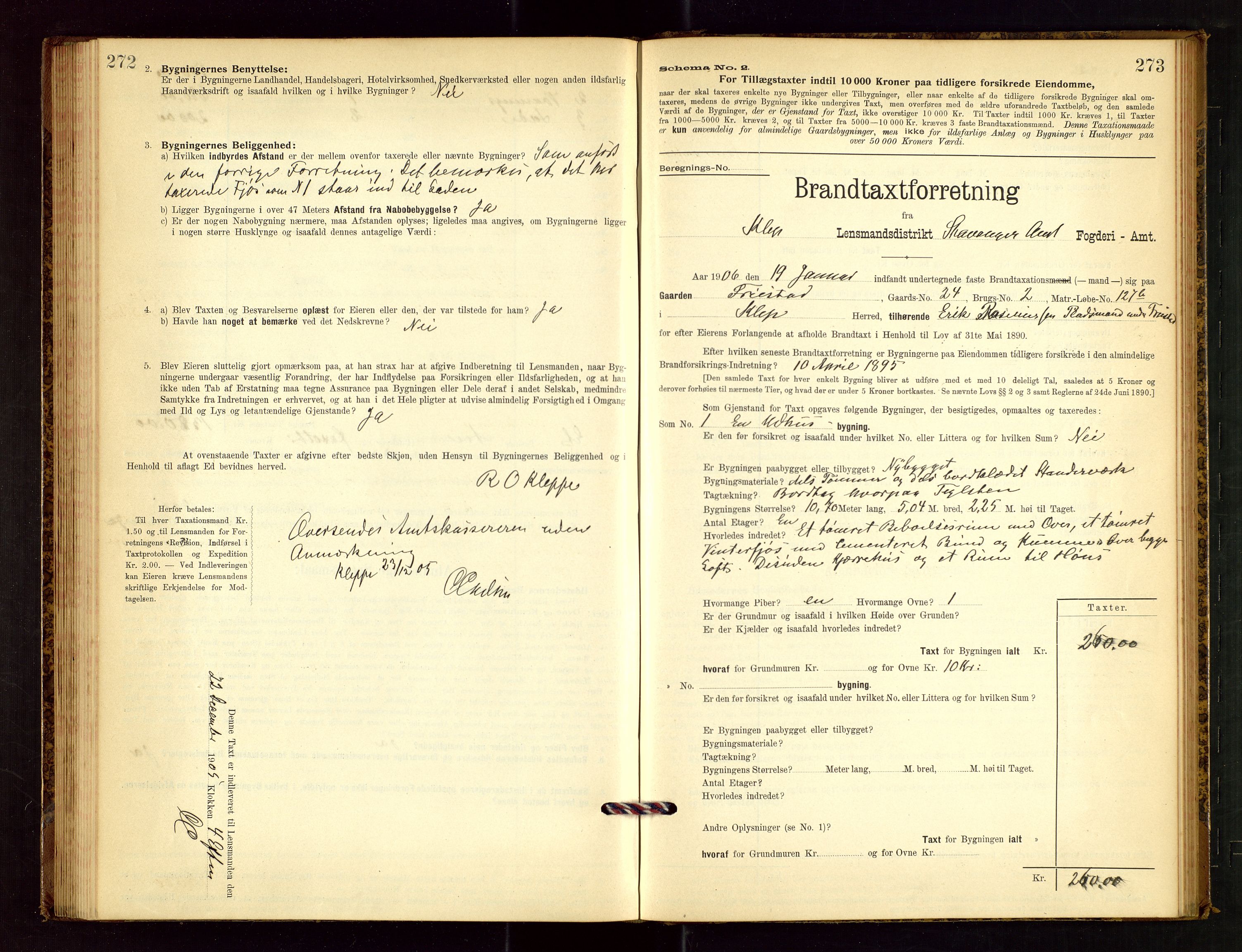 Klepp lensmannskontor, SAST/A-100163/Goc/L0003: "Brandtaxationsprotokol" m/register, 1902-1907, p. 272-273