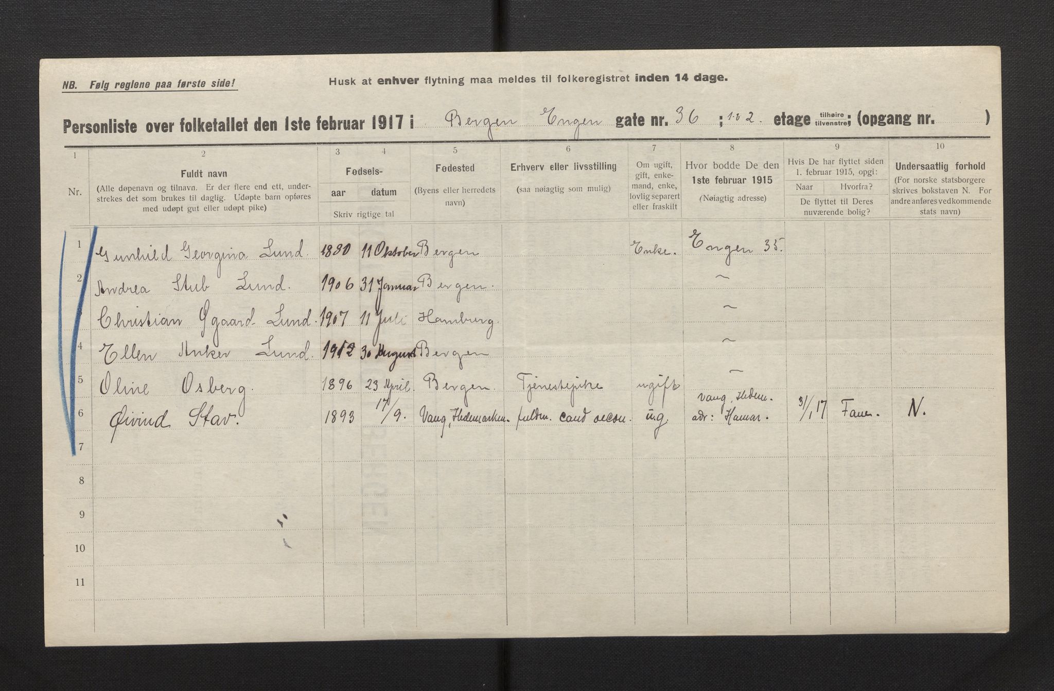 SAB, Municipal Census 1917 for Bergen, 1917, p. 6787