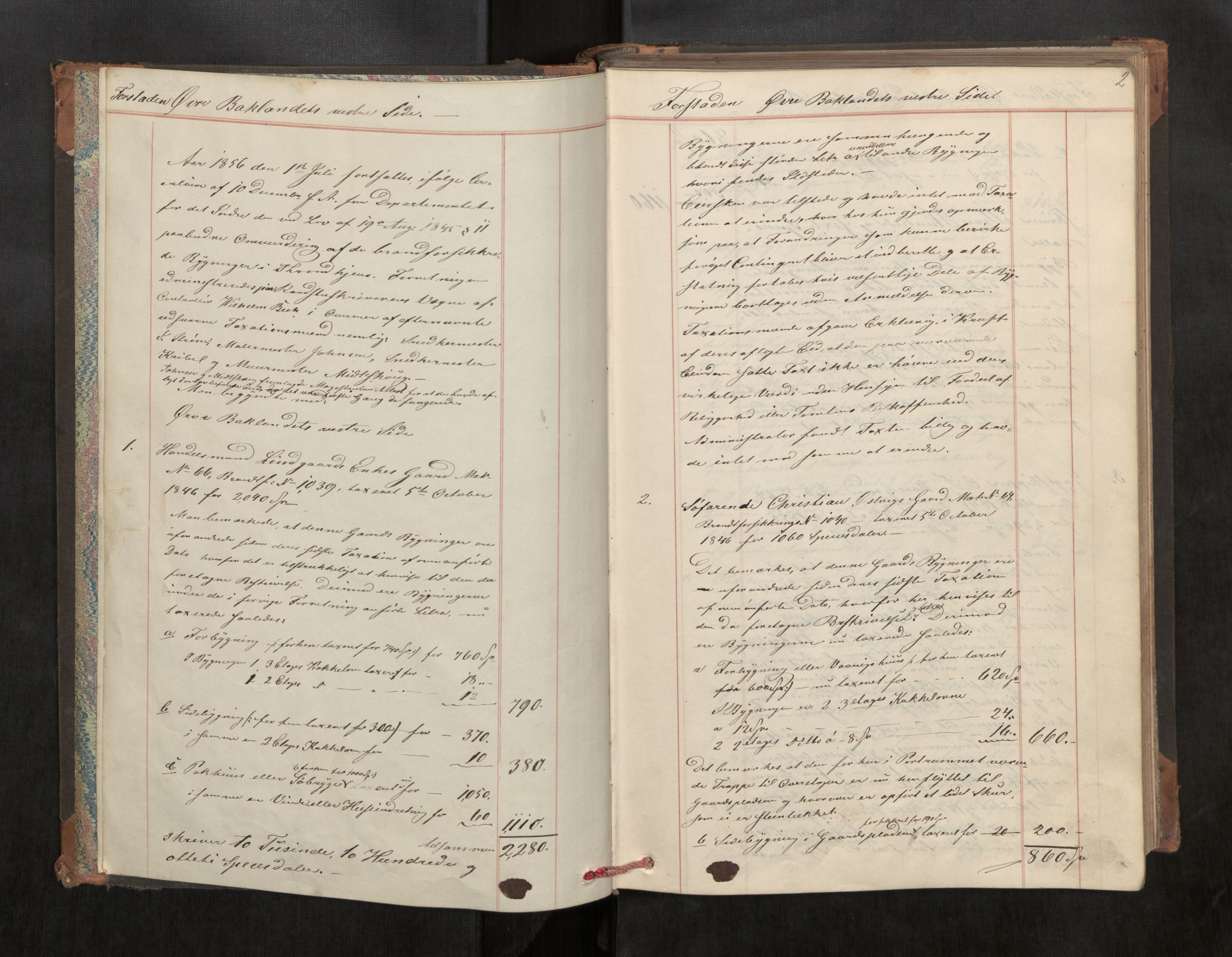 Norges Brannkasse Trondheim magistrat, SAT/A-5590/Fa/L0035: Branntakstprotokoll E, 1856, p. 1b-2a