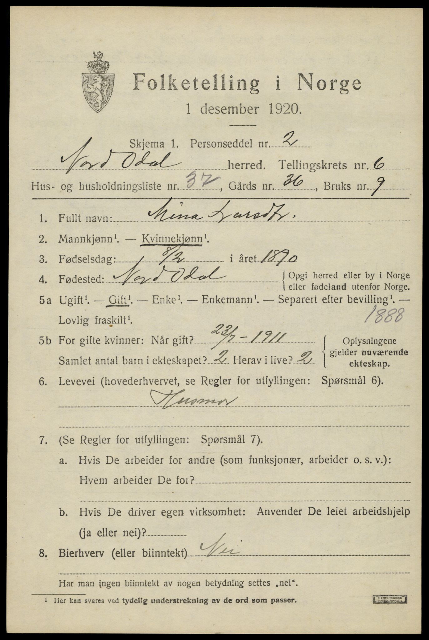 SAH, 1920 census for Nord-Odal, 1920, p. 7013