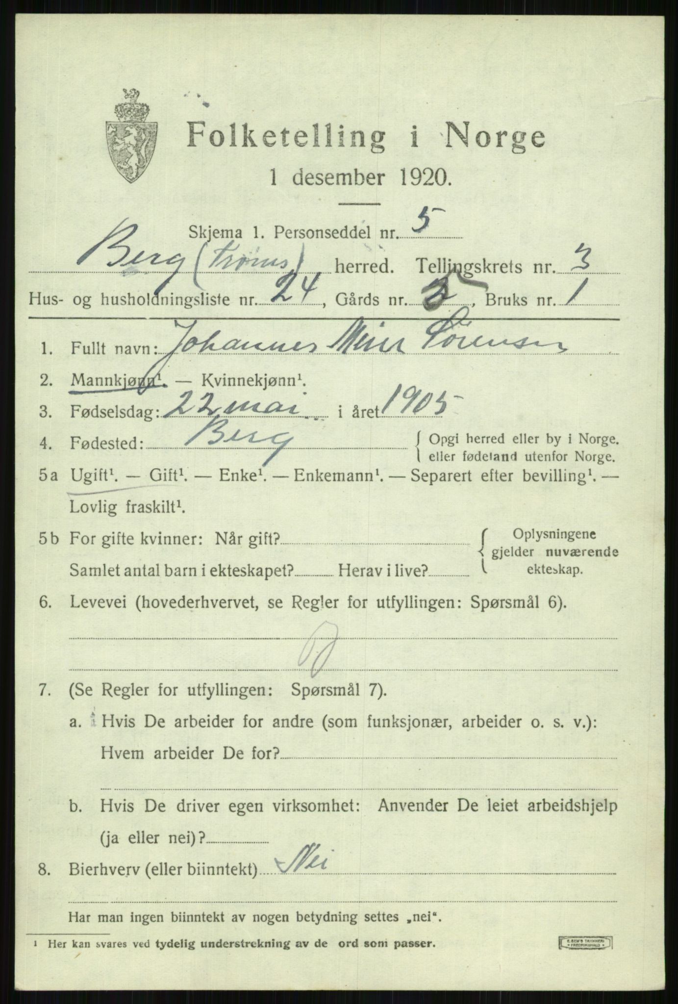 SATØ, 1920 census for Berg, 1920, p. 1525