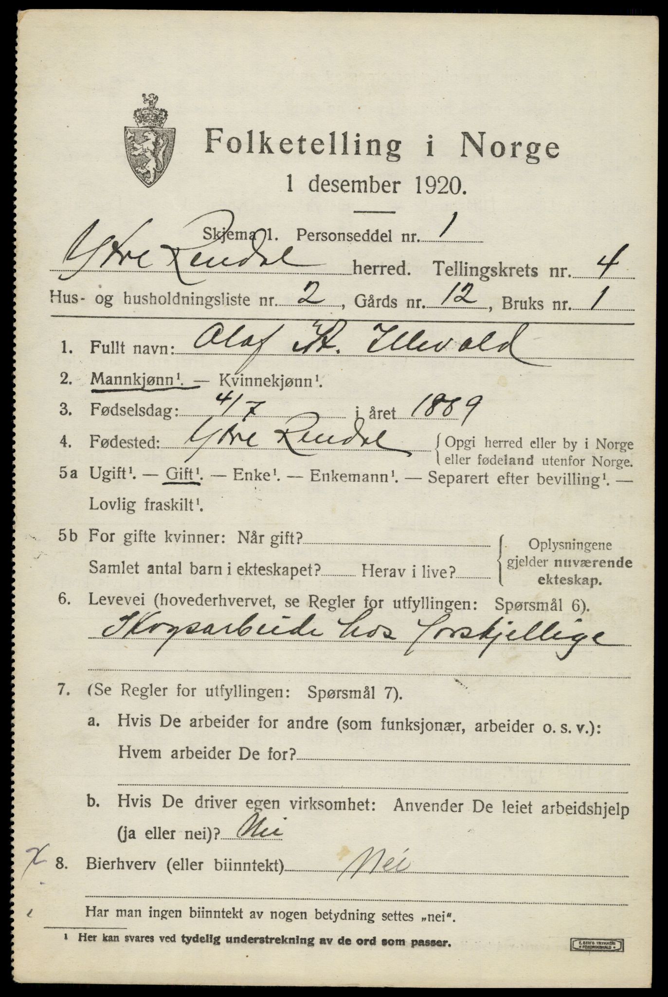 SAH, 1920 census for Ytre Rendal, 1920, p. 2069