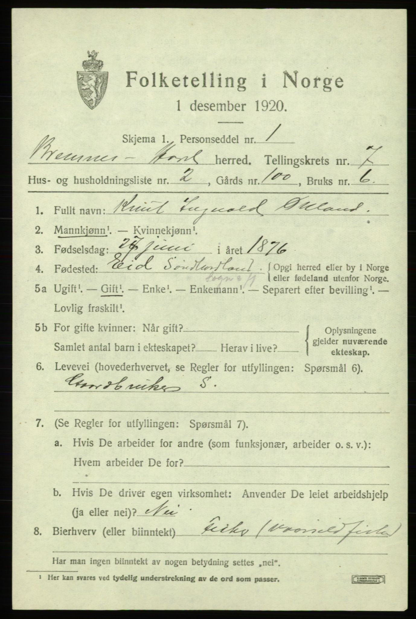 SAB, 1920 census for Bremnes, 1920, p. 4028