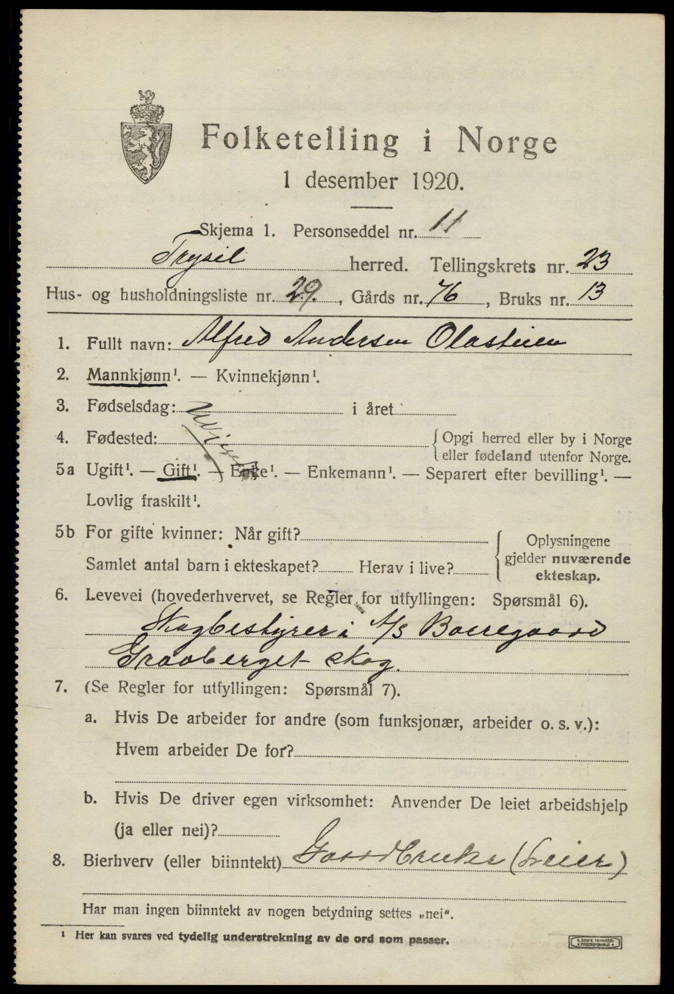 SAH, 1920 census for Trysil, 1920, p. 15207