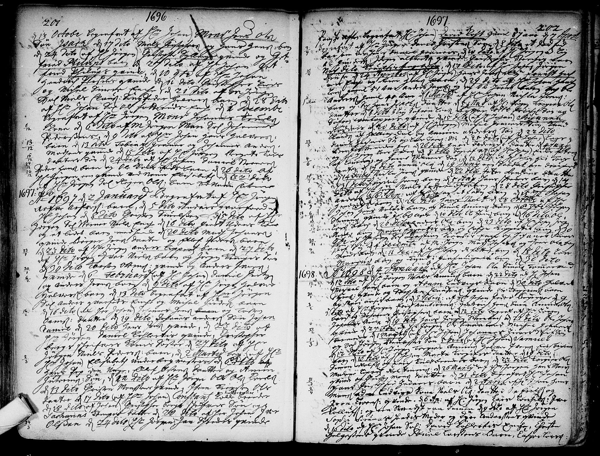 Kongsberg kirkebøker, AV/SAKO-A-22/F/Fa/L0001: Parish register (official) no. I 1, 1696-1720, p. 201-202