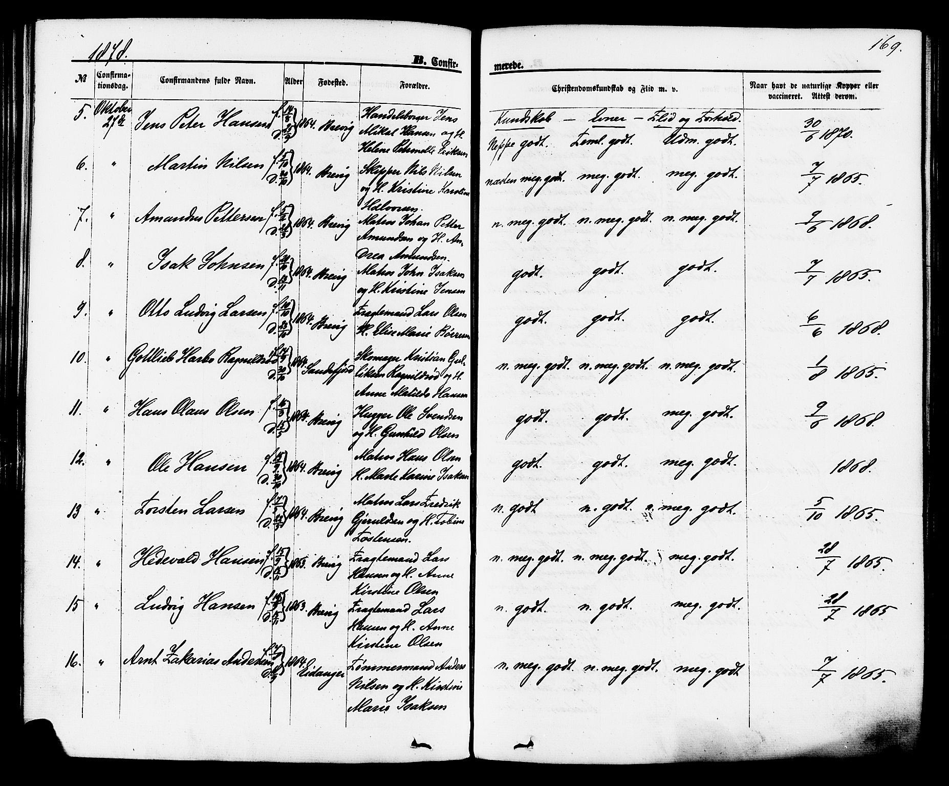 Brevik kirkebøker, SAKO/A-255/F/Fa/L0006: Parish register (official) no. 6, 1866-1881, p. 169