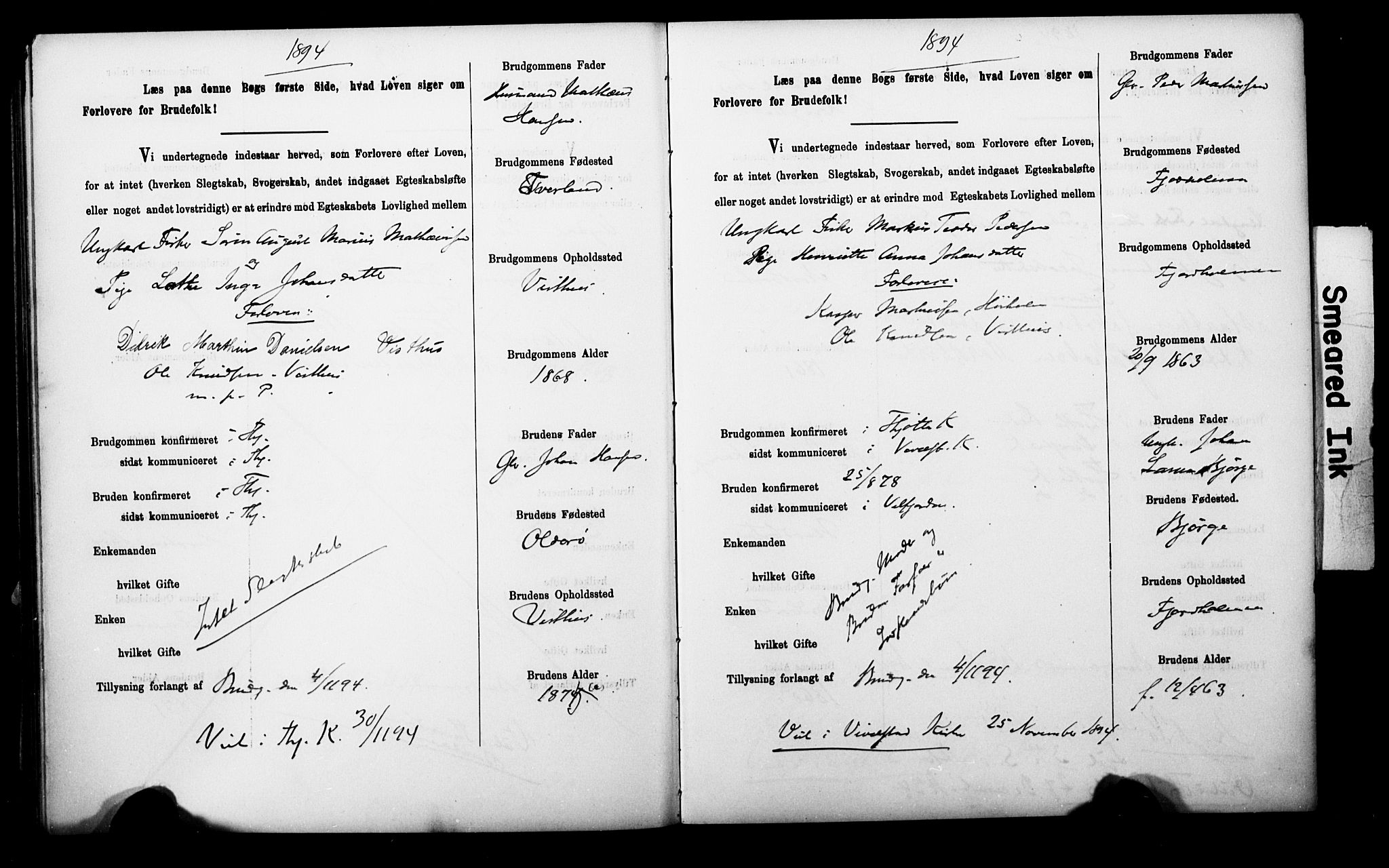 Uten arkivreferanse**, SAT/-: Banns register no. 1 /2 (Trøgstad), 1891-1895