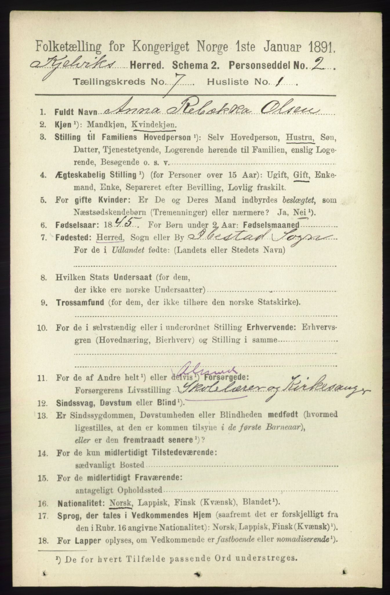 RA, 1891 census for 2019 Kjelvik, 1891, p. 888