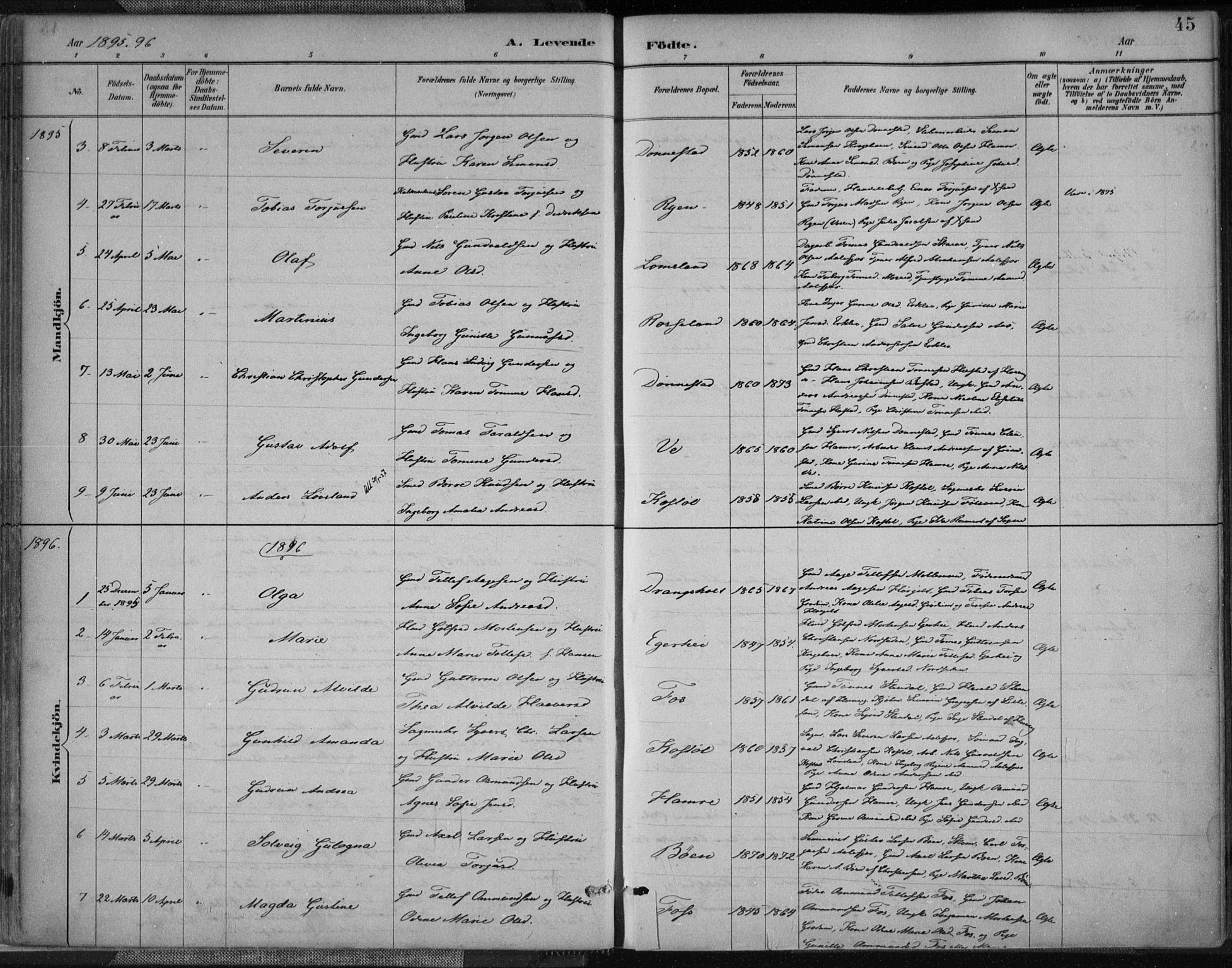 Tveit sokneprestkontor, AV/SAK-1111-0043/F/Fa/L0007: Parish register (official) no. A 7, 1887-1908, p. 45