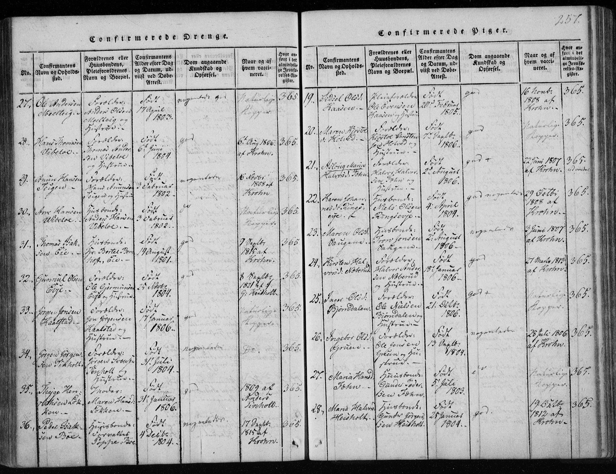 Holla kirkebøker, SAKO/A-272/F/Fa/L0003: Parish register (official) no. 3, 1815-1830, p. 257