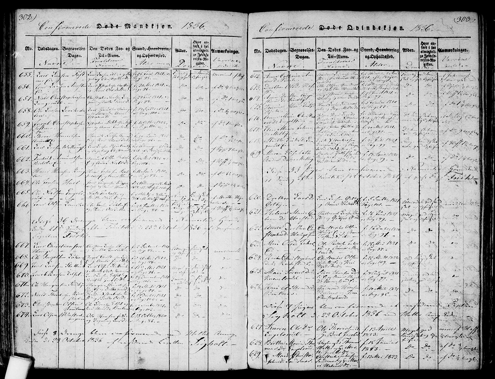 Nannestad prestekontor Kirkebøker, SAO/A-10414a/F/Fa/L0009: Parish register (official) no. I 9, 1815-1840, p. 302-303