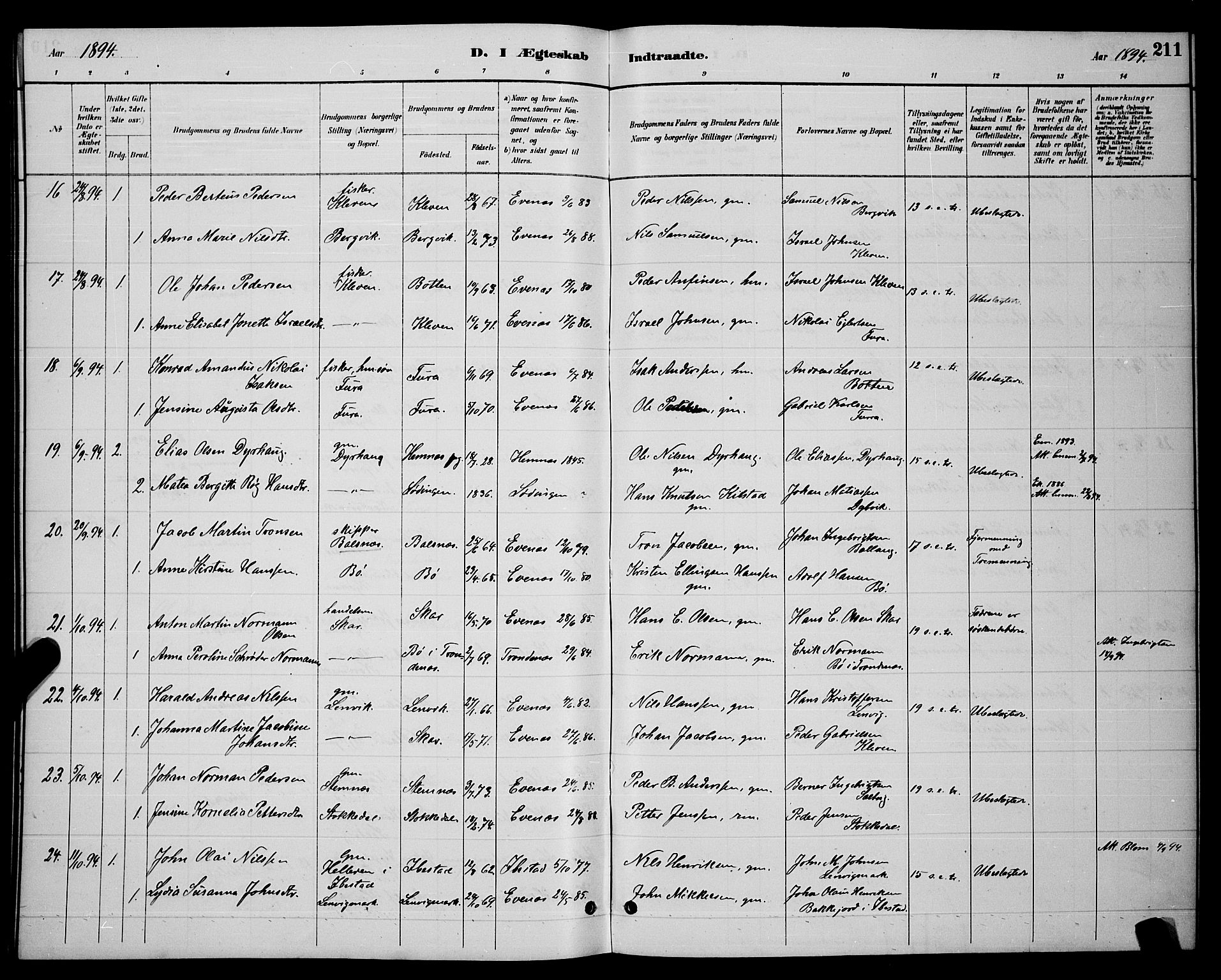 Ministerialprotokoller, klokkerbøker og fødselsregistre - Nordland, AV/SAT-A-1459/863/L0914: Parish register (copy) no. 863C04, 1886-1897, p. 211