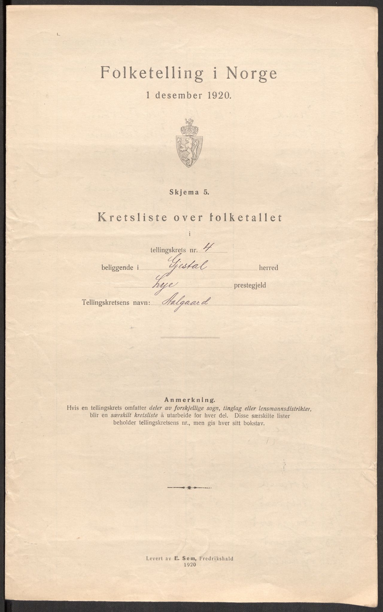 SAST, 1920 census for Gjesdal, 1920, p. 16