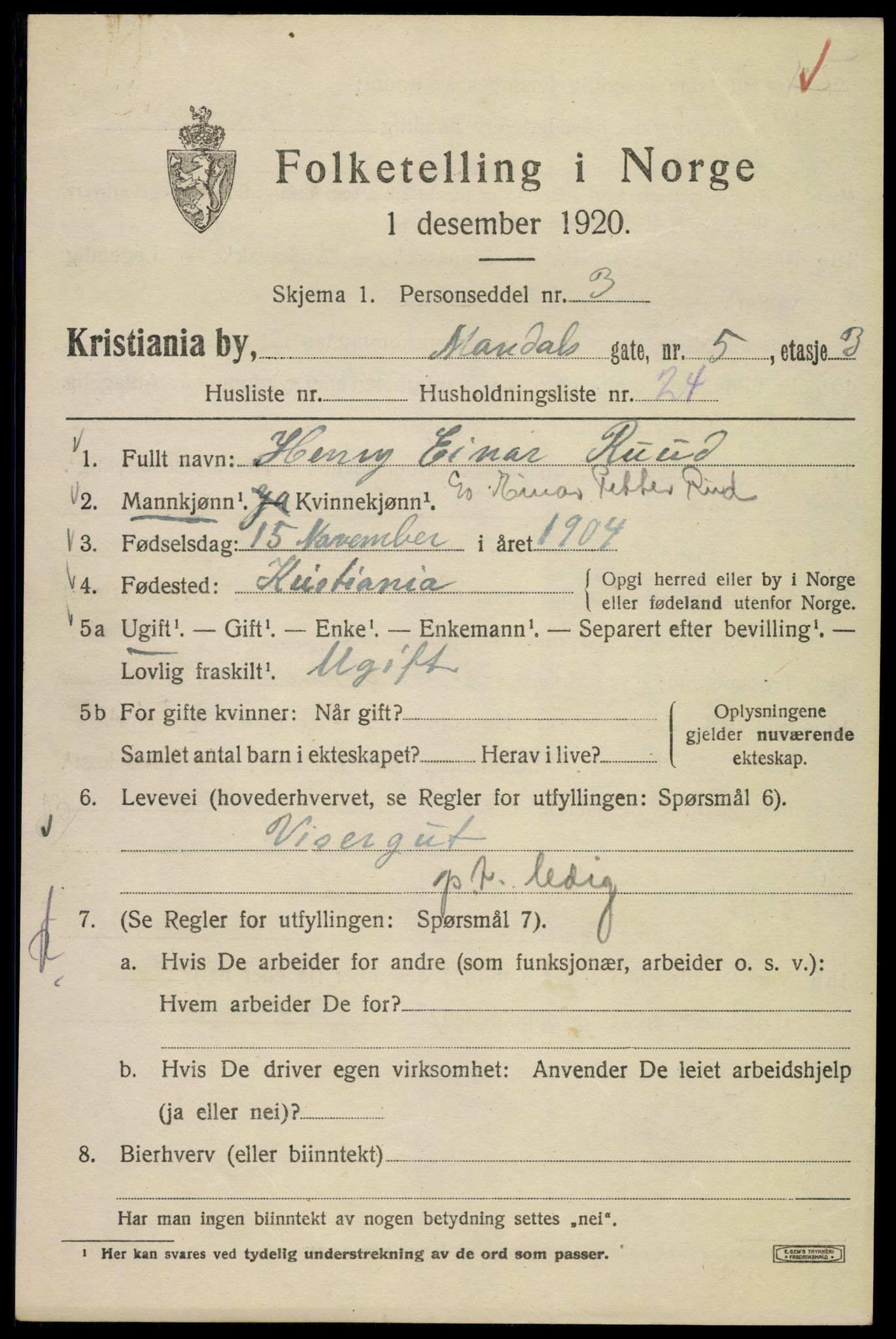 SAO, 1920 census for Kristiania, 1920, p. 374249