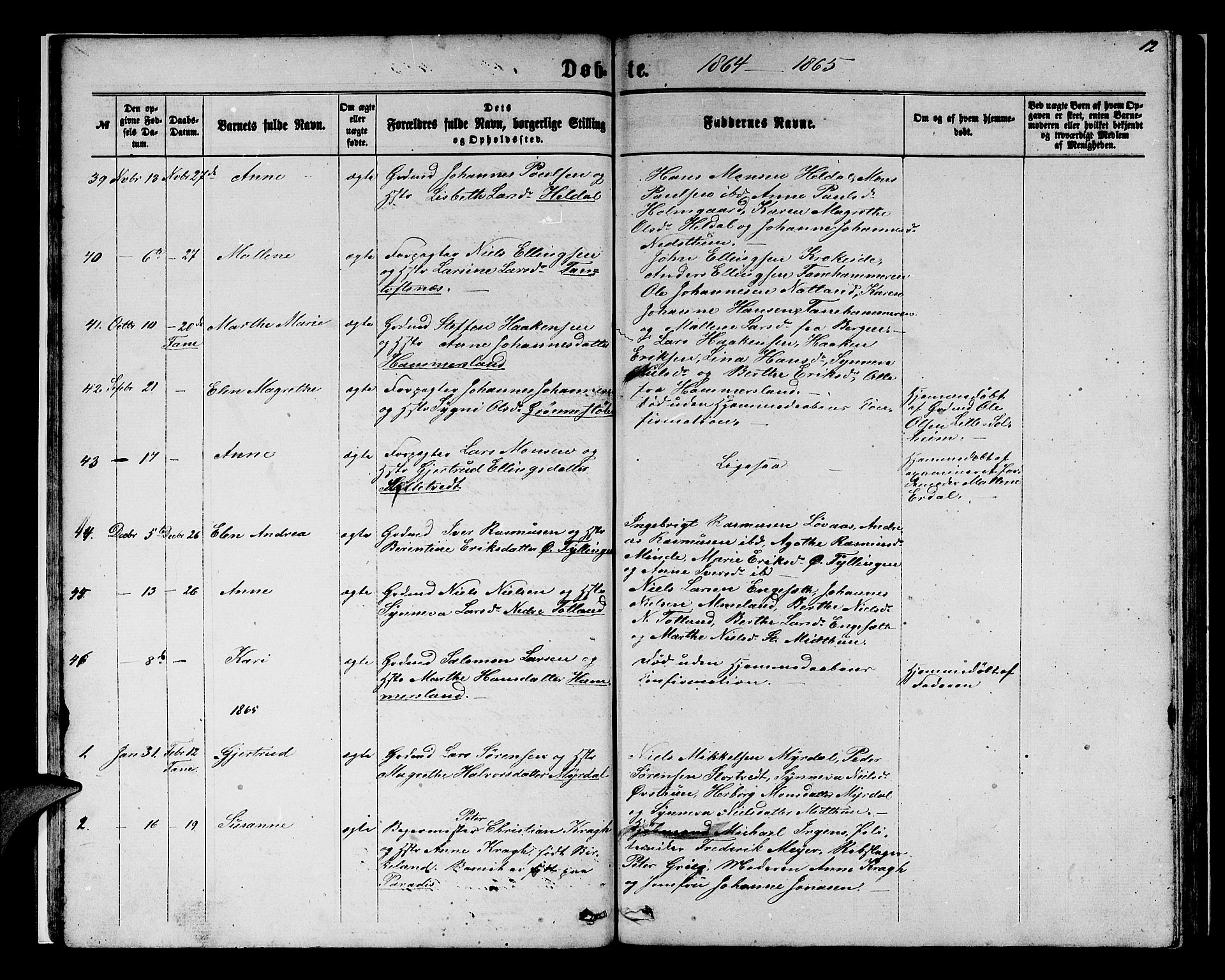 Birkeland Sokneprestembete, SAB/A-74601/H/Hab: Parish register (copy) no. A 2, 1863-1876, p. 12