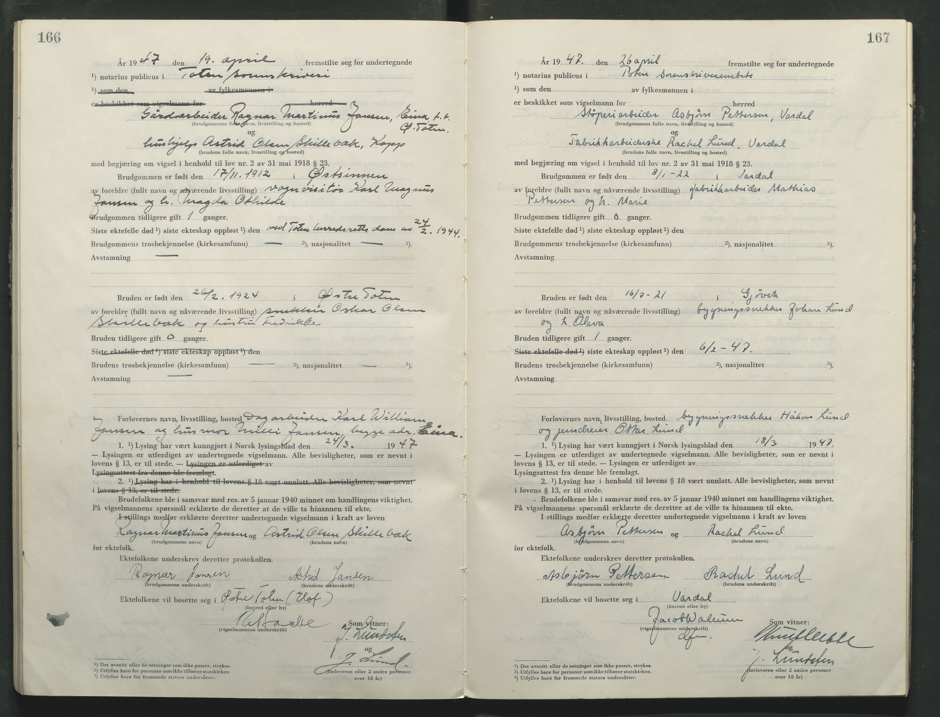 Toten tingrett, AV/SAH-TING-006/L/Lc/L0005: Vigselbok, 1944-1948, p. 166-167