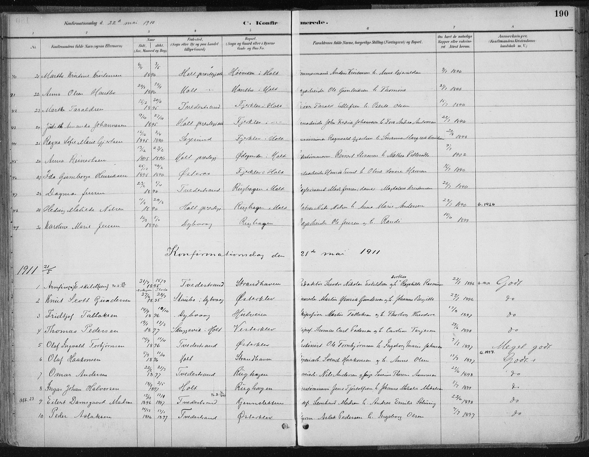 Tvedestrand sokneprestkontor, SAK/1111-0042/F/Fa/L0001: Parish register (official) no. A 1, 1885-1916, p. 190
