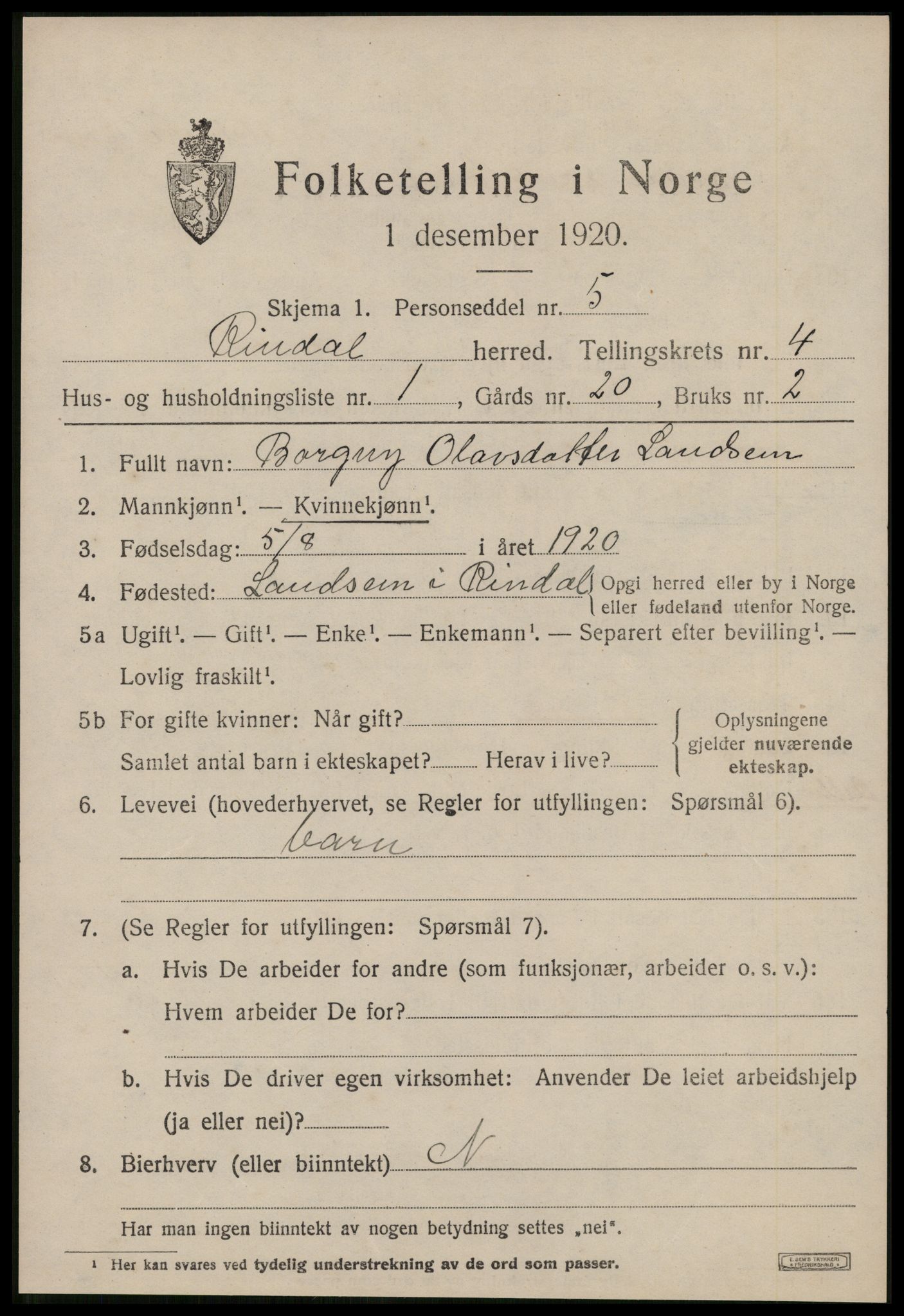 SAT, 1920 census for Rindal, 1920, p. 2318