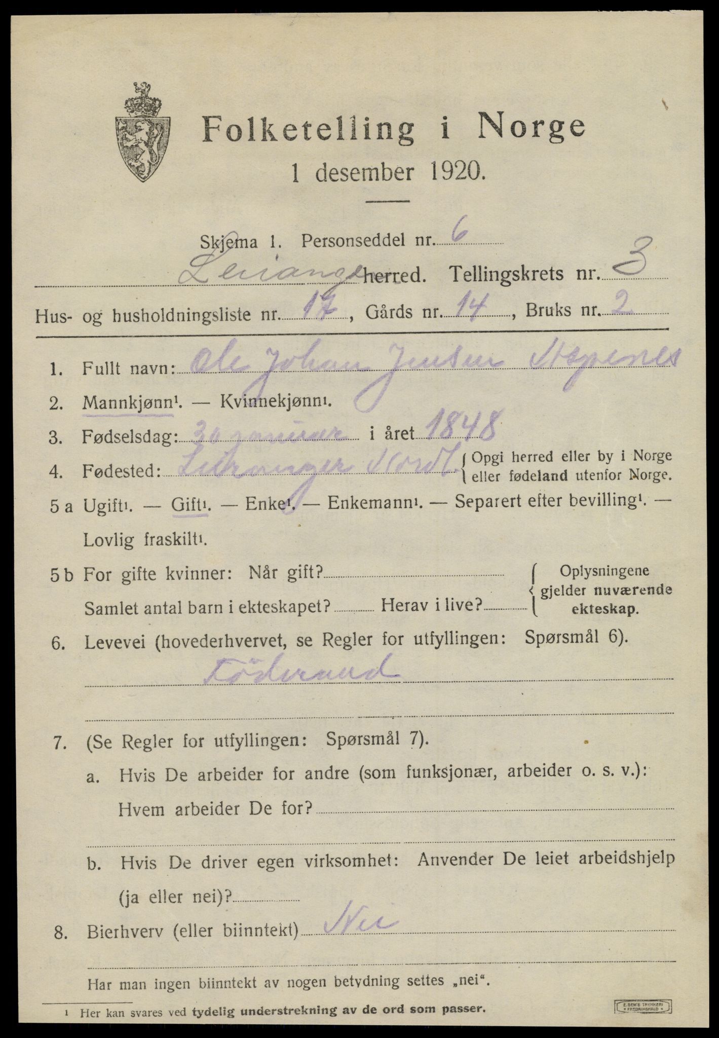 SAT, 1920 census for Leiranger, 1920, p. 1523