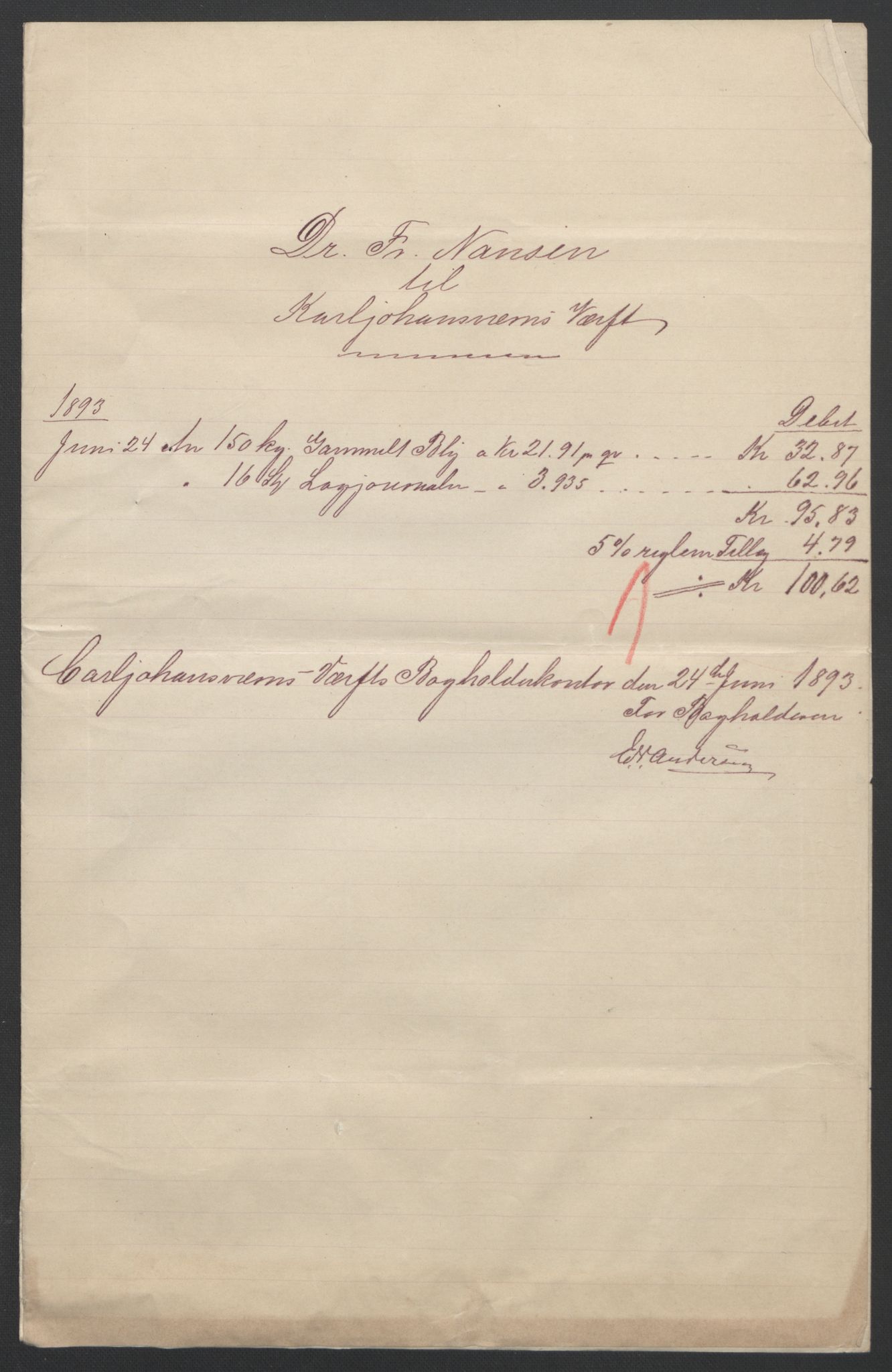 Arbeidskomitéen for Fridtjof Nansens polarekspedisjon, RA/PA-0061/R/L0009/0001: Regnskapsbilag / Diverse bilag, 1891-1895, p. 6