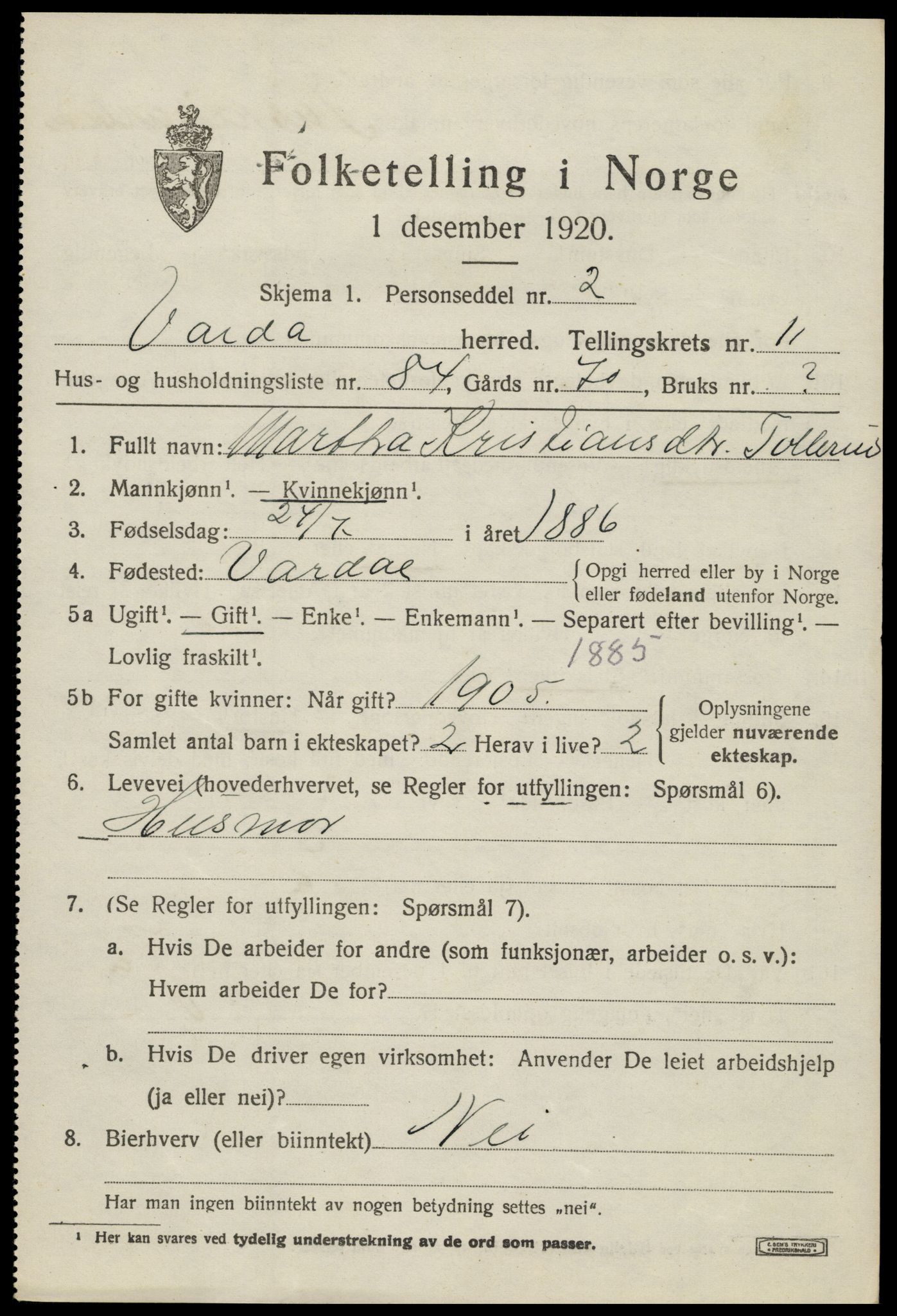 SAH, 1920 census for Vardal, 1920, p. 12095