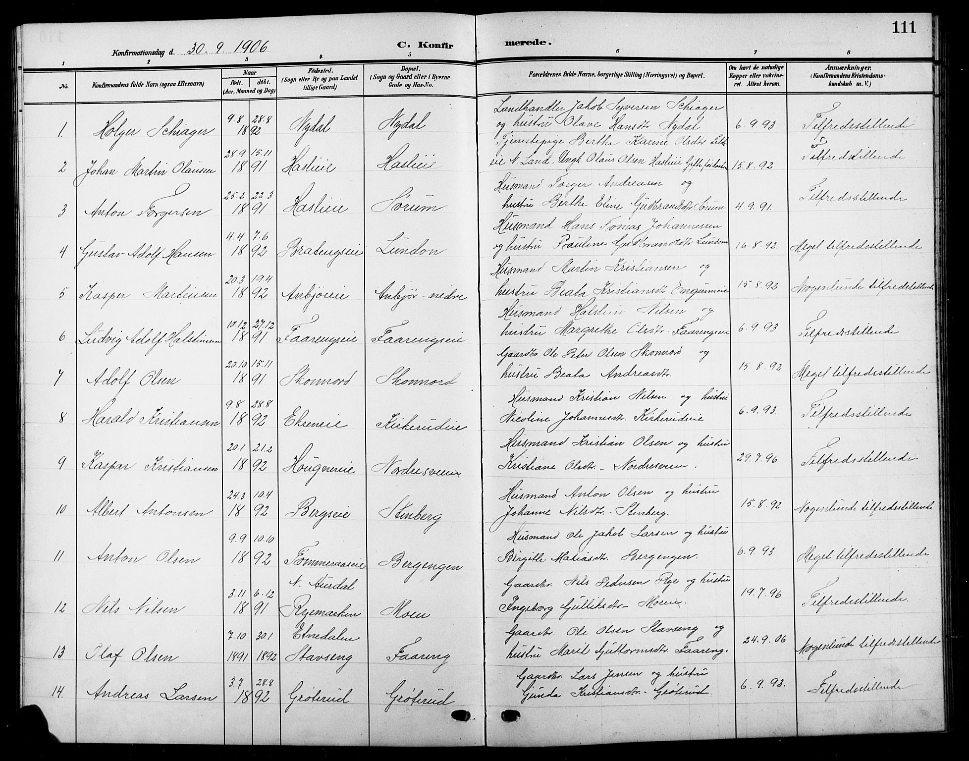 Biri prestekontor, SAH/PREST-096/H/Ha/Hab/L0005: Parish register (copy) no. 5, 1906-1919, p. 111