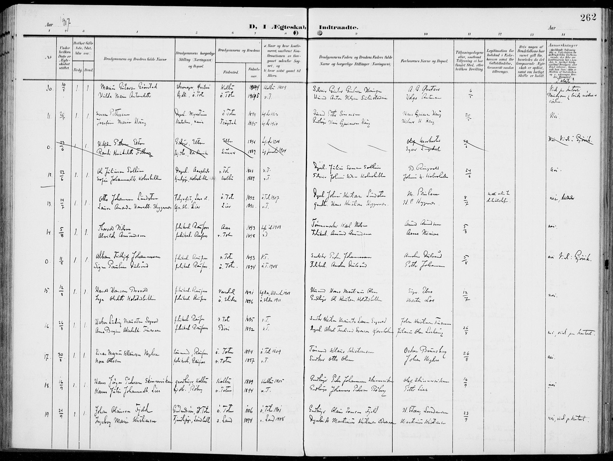 Vestre Toten prestekontor, AV/SAH-PREST-108/H/Ha/Haa/L0014: Parish register (official) no. 14, 1907-1920, p. 262