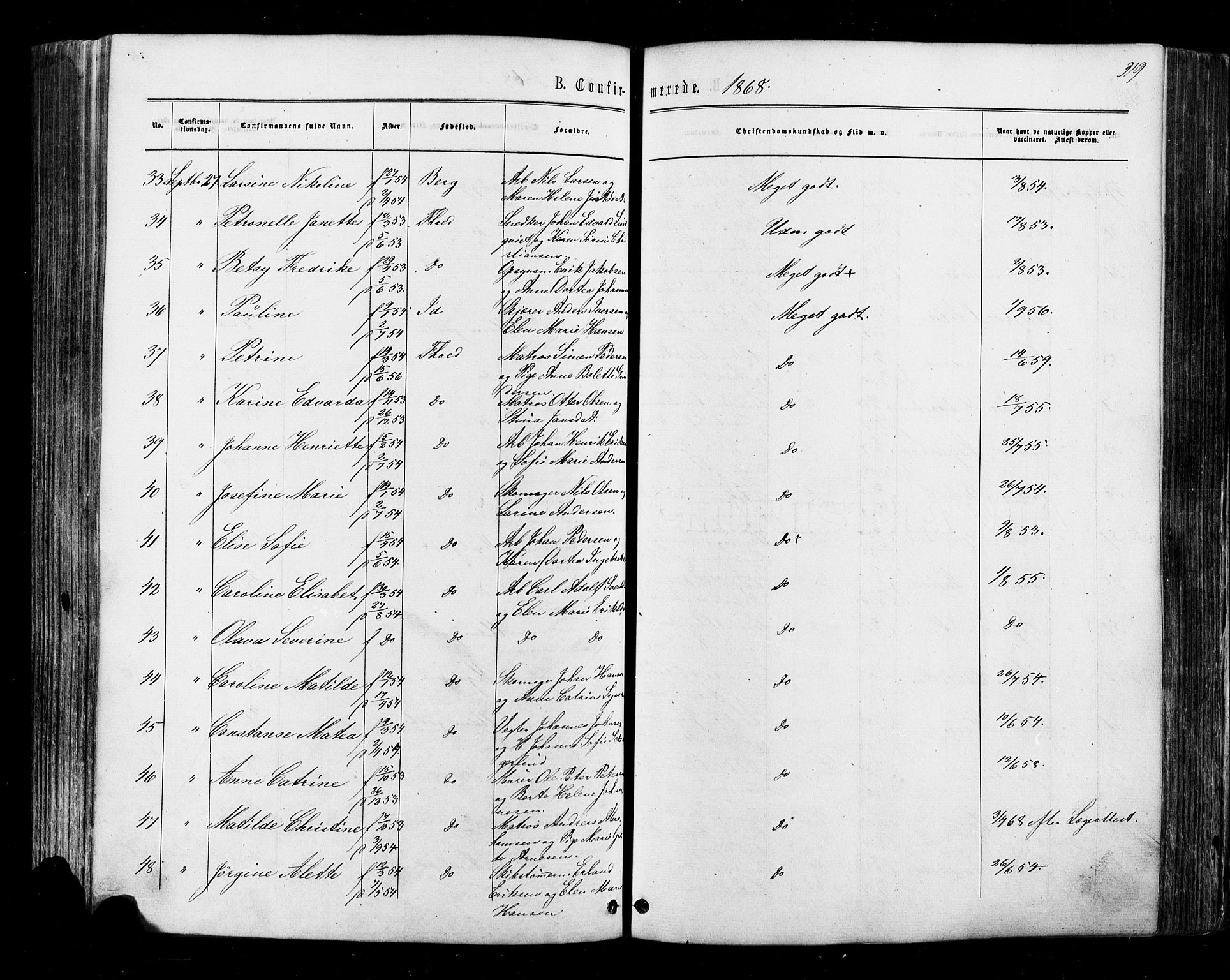 Halden prestekontor Kirkebøker, AV/SAO-A-10909/F/Fa/L0009: Parish register (official) no. I 9, 1866-1877, p. 319